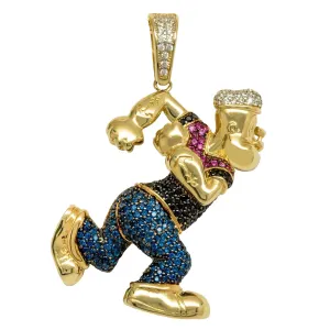 1 3/4" Popeye the Sailor CZ Pendant Solid 10K Yellow Gold