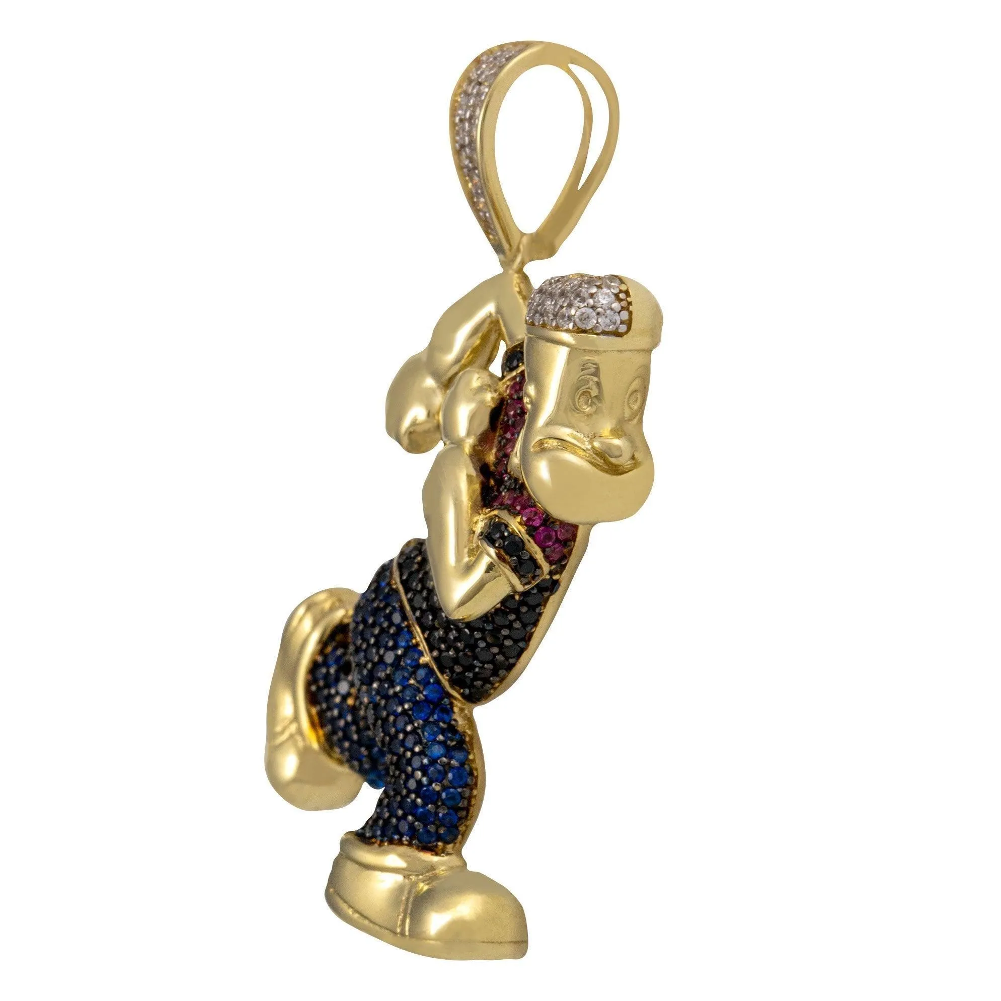 1 3/4" Popeye the Sailor CZ Pendant Solid 10K Yellow Gold