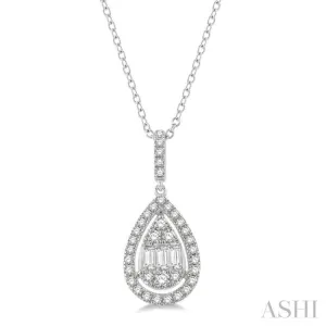 1/3 Ctw Pear Shape Halo Baguette and Round Cut Diamond Fusion Pendant With Chain in 14K White Gold