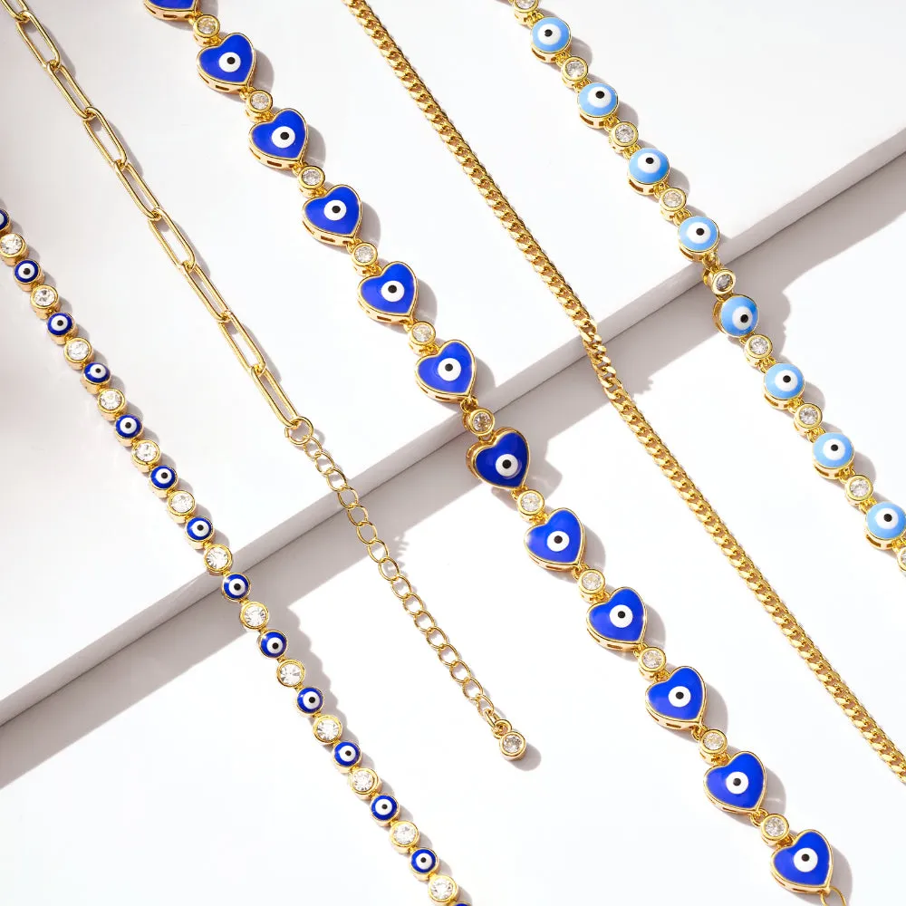 14k Gold Plated Dainty Layered Evil Eye Bracelets- Dark Blue Eyes & Paperclip