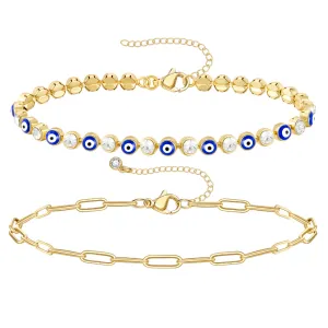 14k Gold Plated Dainty Layered Evil Eye Bracelets- Dark Blue Eyes & Paperclip