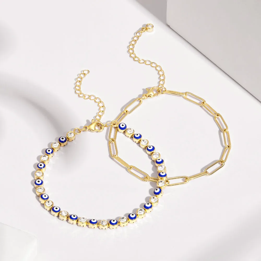 14k Gold Plated Dainty Layered Evil Eye Bracelets- Dark Blue Eyes & Paperclip