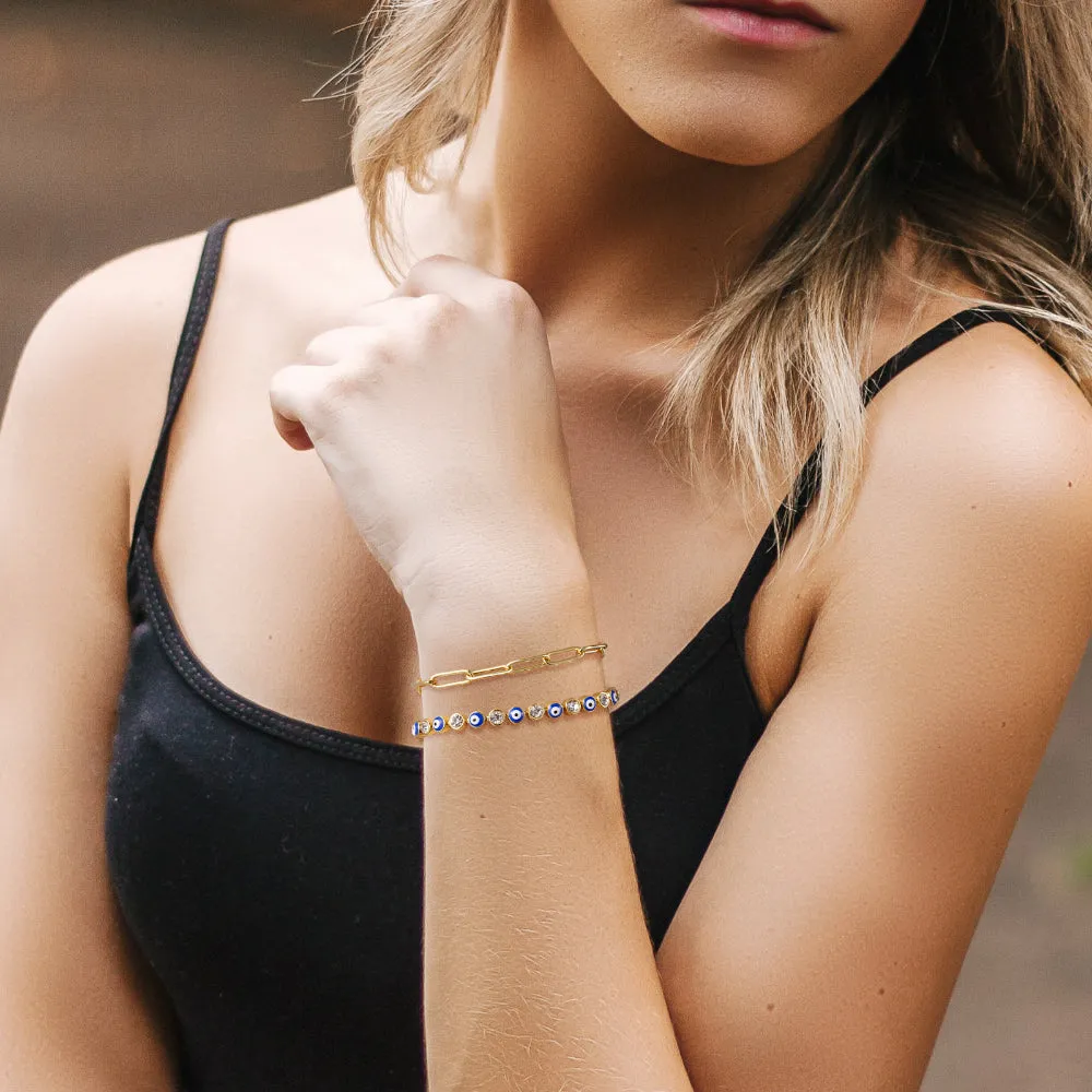 14k Gold Plated Dainty Layered Evil Eye Bracelets- Dark Blue Eyes & Paperclip