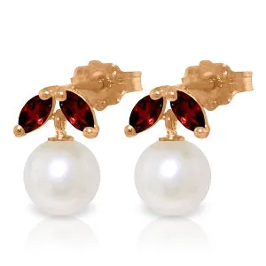 14K Solid Rose Gold Stud Earrings w/ Pearls & Garnets