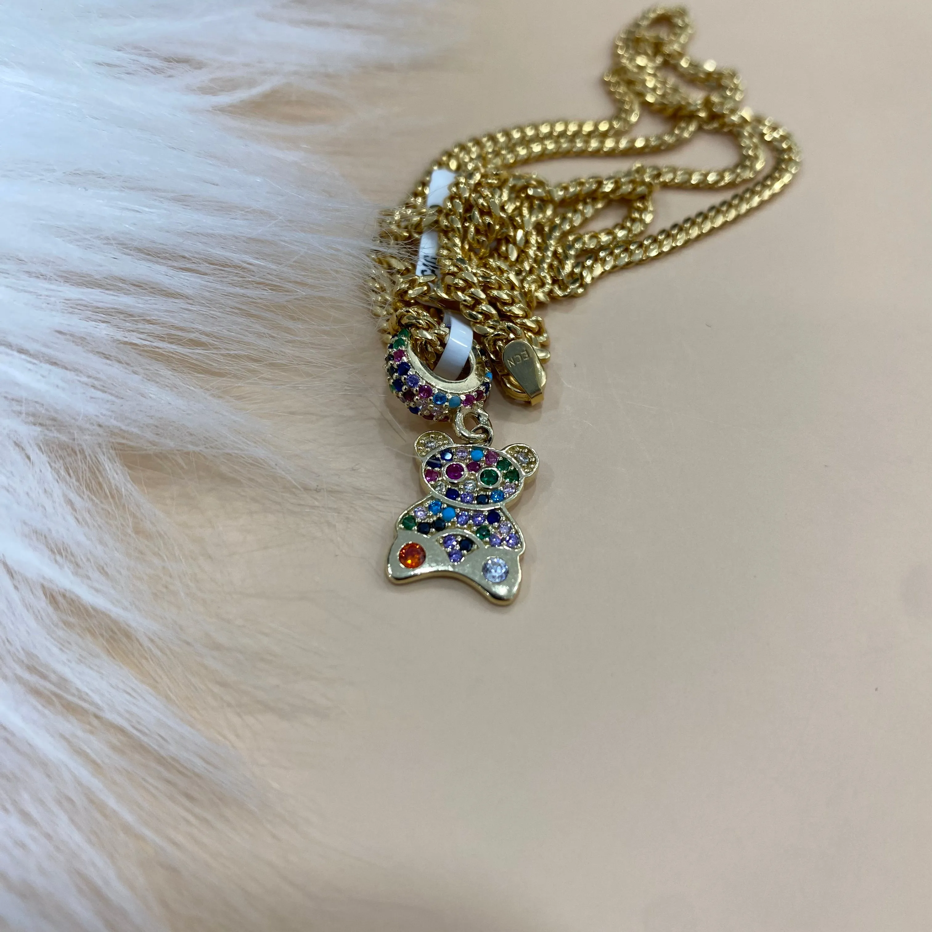 14K Yellow Gold Colorful Bear Pendant With Zirconia / 2.2gr