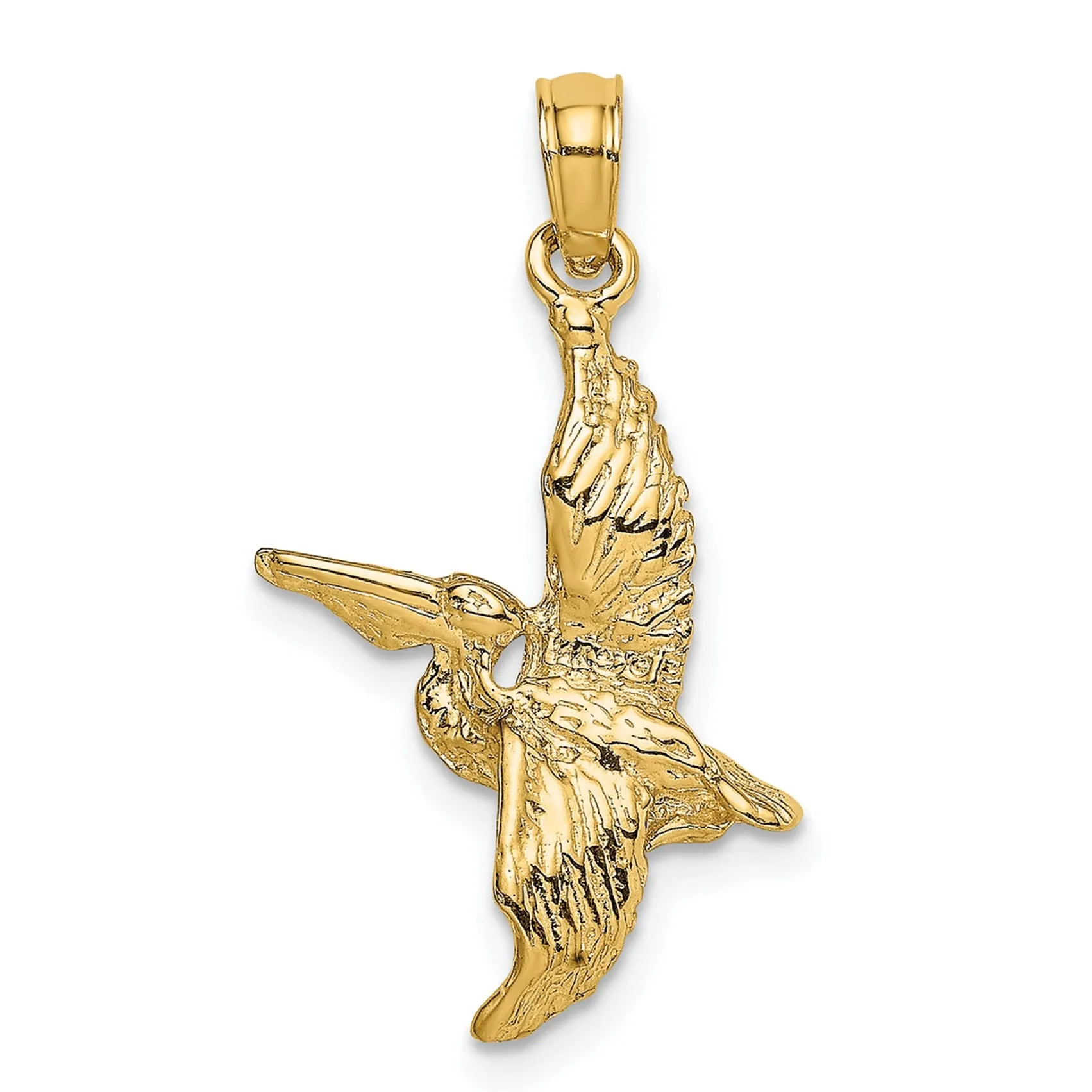 14K Yellow Gold Polished Textured Finish 3-Dimensional Pelican Flying Charm Pendant