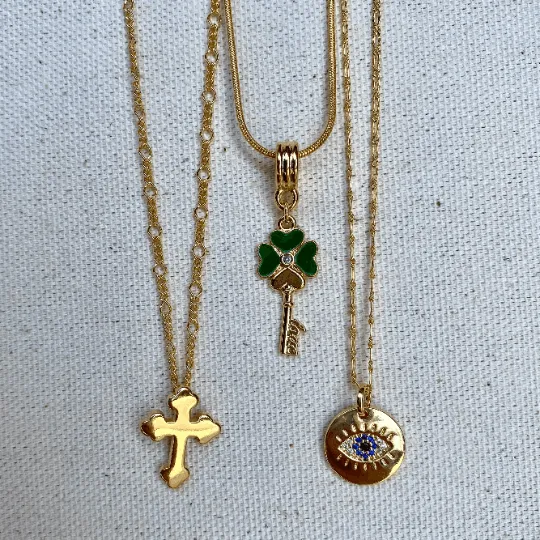 18k Gold Filled Evil Eye, Lucky Clover, Cross Charm Necklace