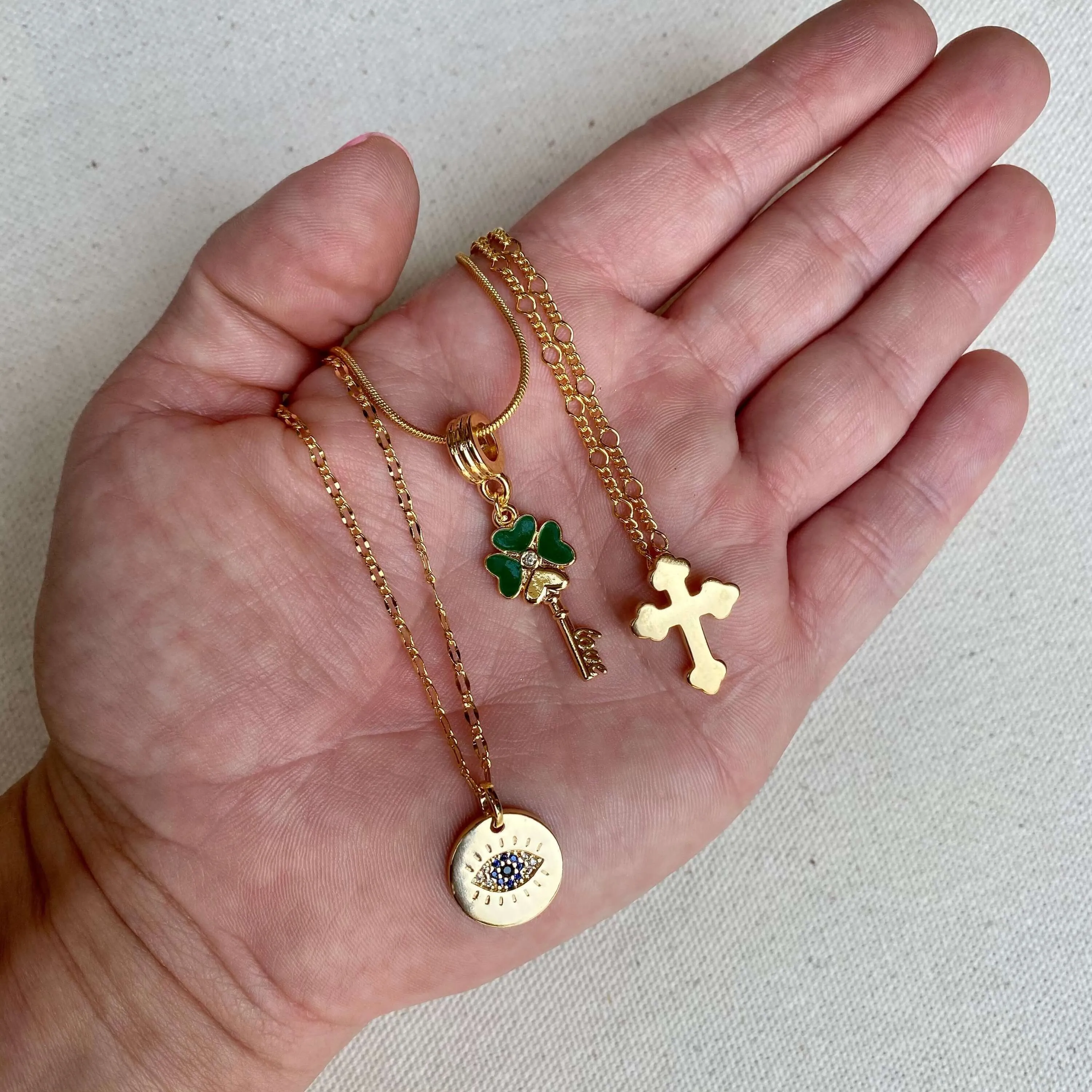 18k Gold Filled Evil Eye, Lucky Clover, Cross Charm Necklace