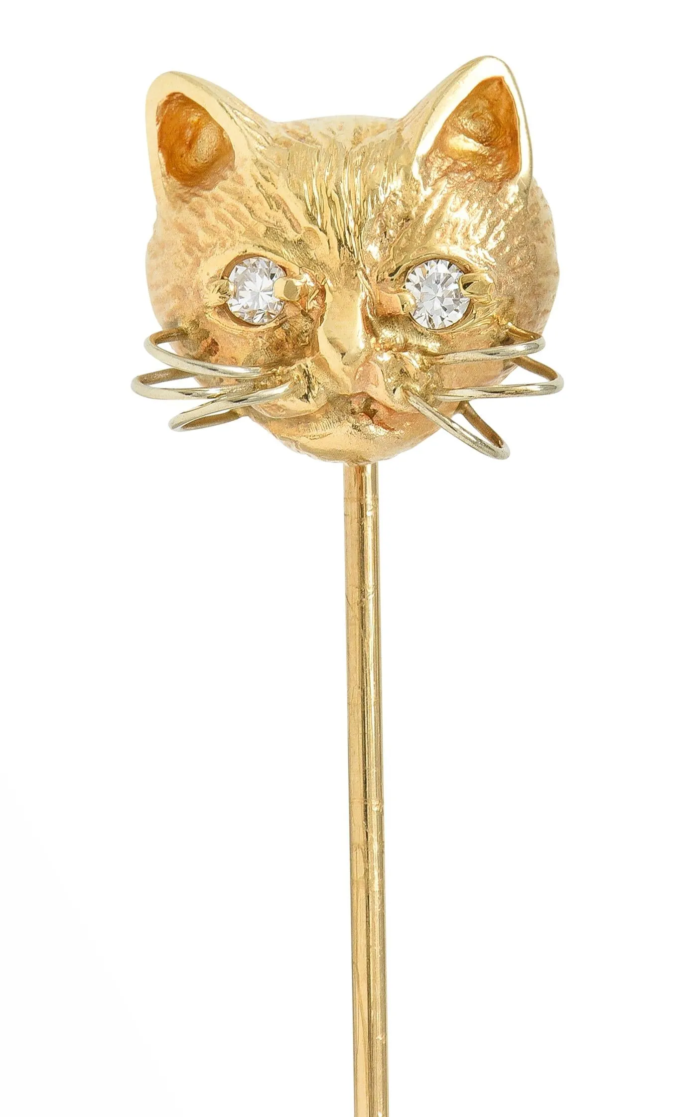 1960's Diamond 14 Karat Yellow Gold Vintage Cat Stickpin