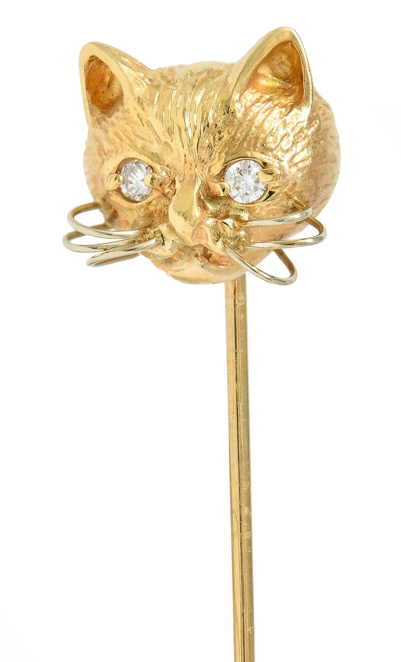 1960's Diamond 14 Karat Yellow Gold Vintage Cat Stickpin