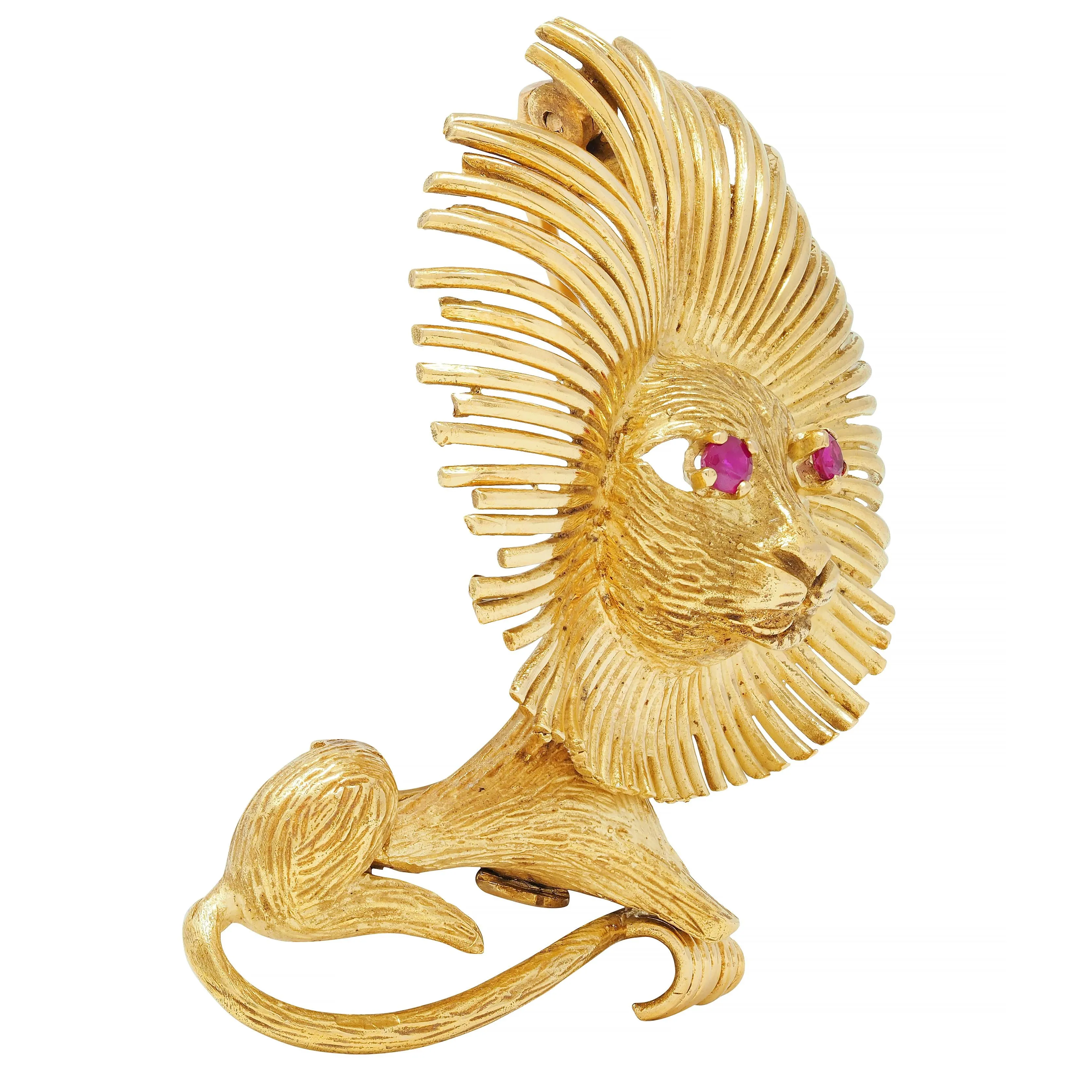 1960's French 18 Karat Yellow Gold Ruby Vintage Lion Brooch