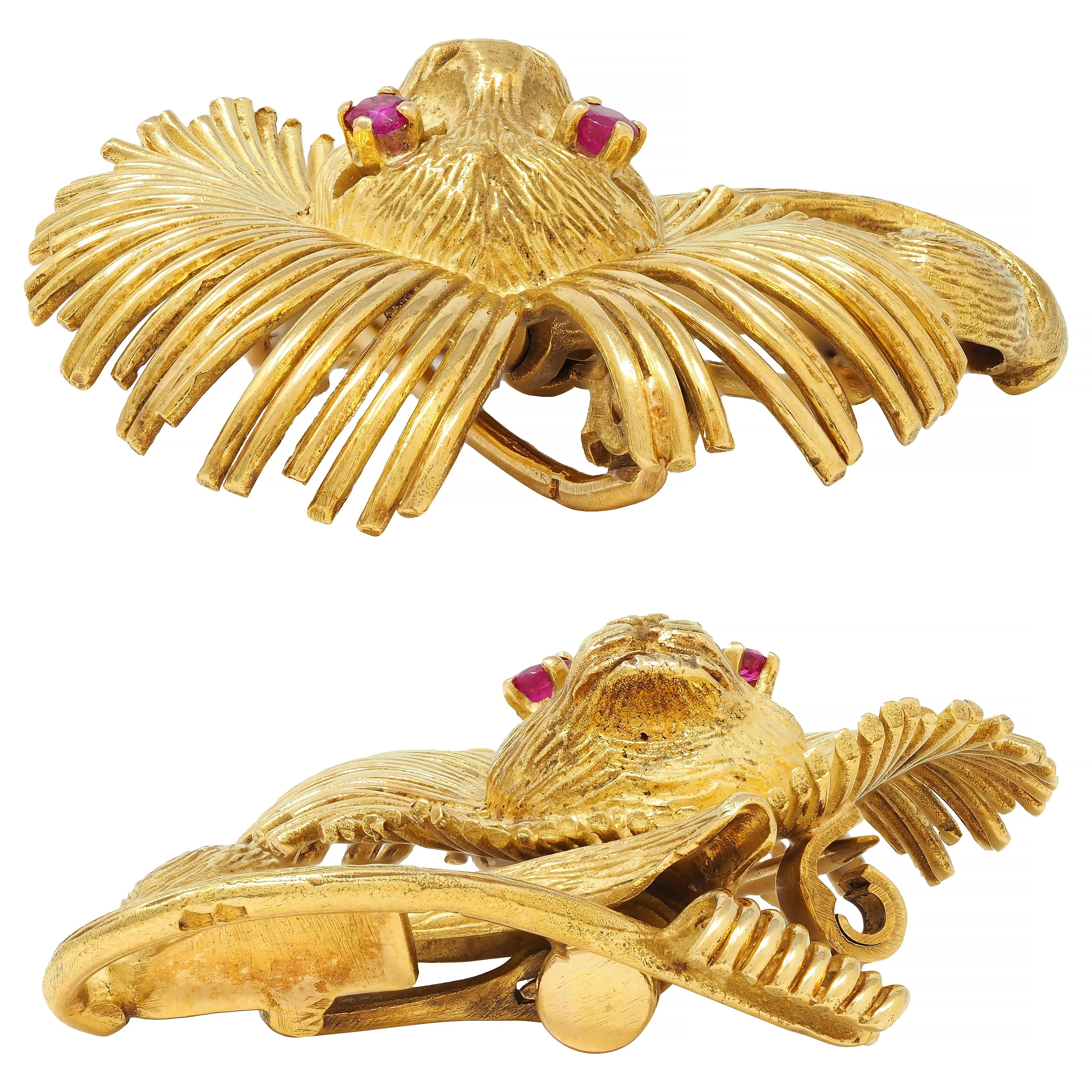 1960's French 18 Karat Yellow Gold Ruby Vintage Lion Brooch