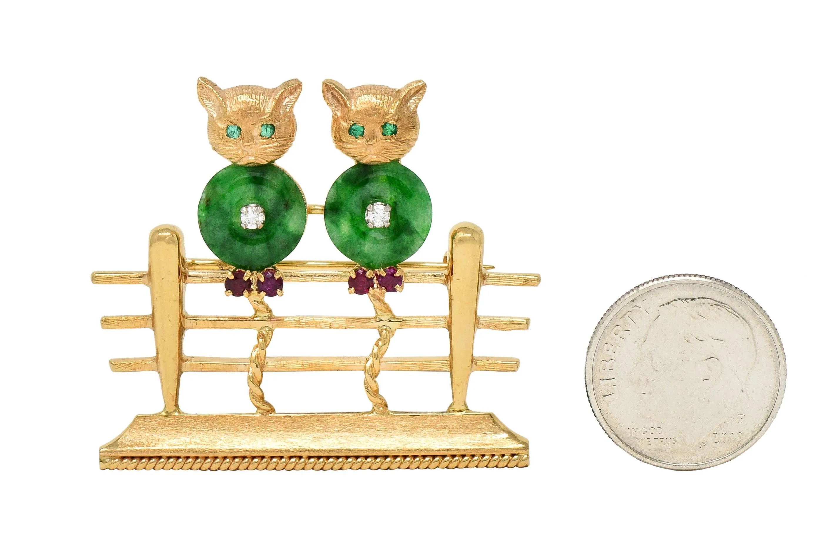 1960's Jade Diamond Ruby Emerald 14 Karat Yellow White Gold Vintage Cats On A Fence Brooch