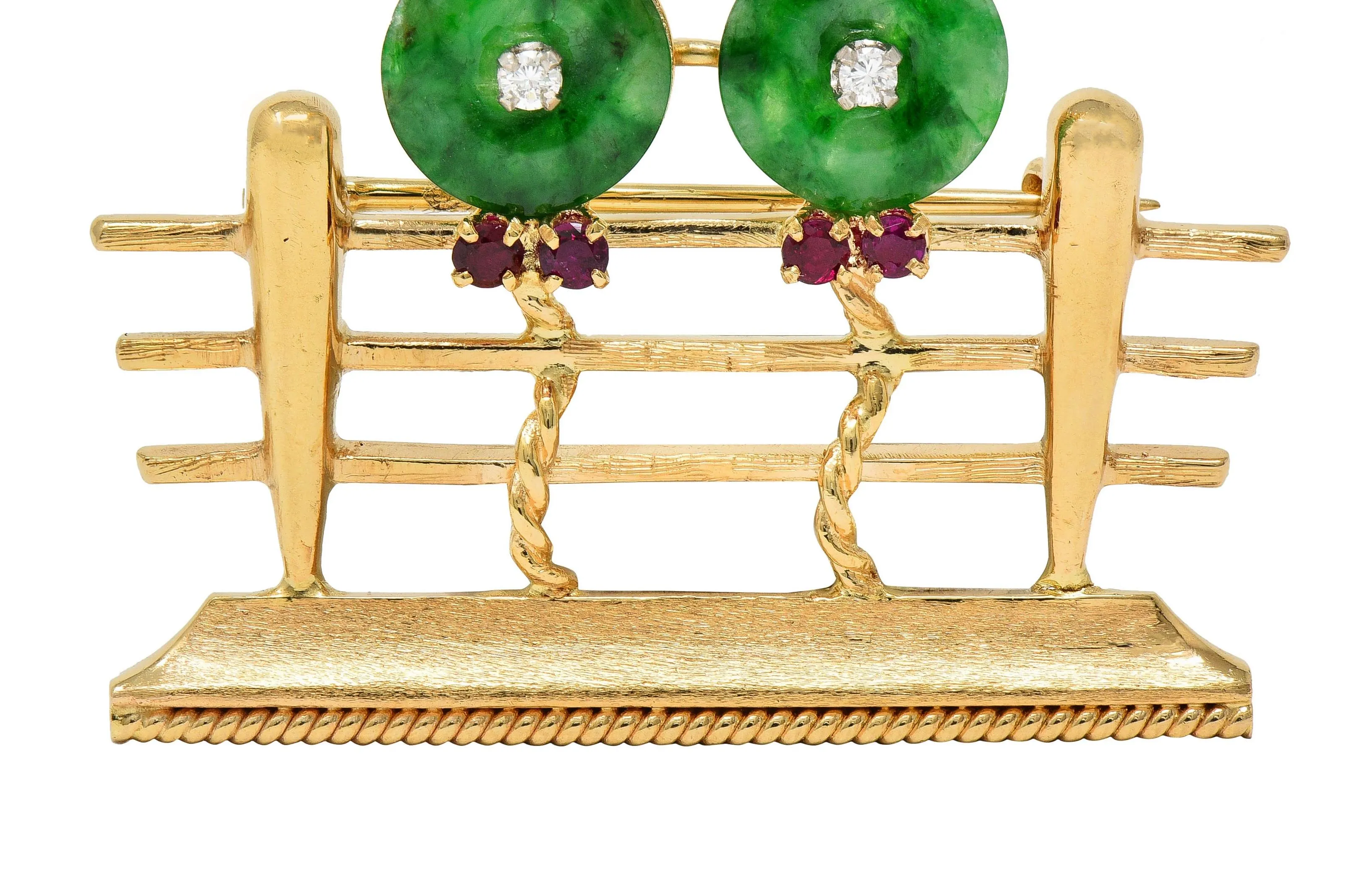 1960's Jade Diamond Ruby Emerald 14 Karat Yellow White Gold Vintage Cats On A Fence Brooch