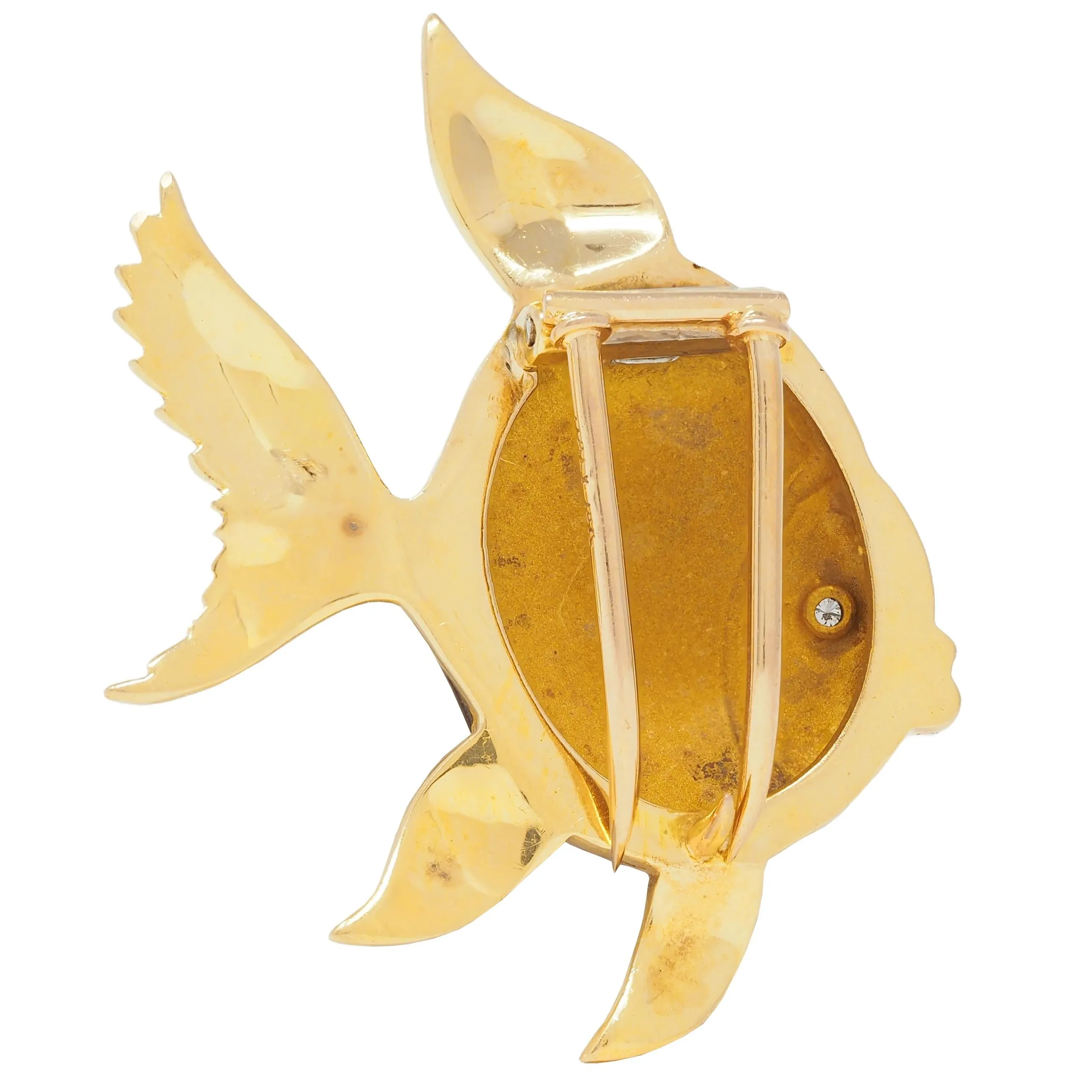 1970's Diamond Guilloche Enamel 18 Karat Yellow Gold Vintage Fish Brooch