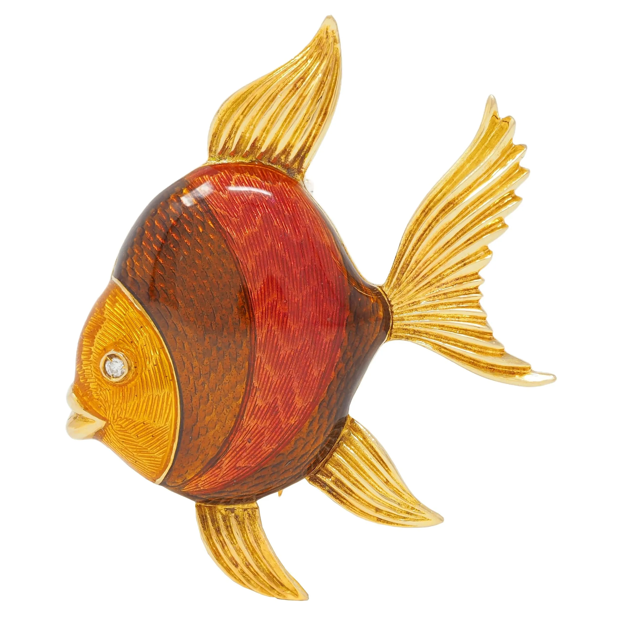 1970's Diamond Guilloche Enamel 18 Karat Yellow Gold Vintage Fish Brooch