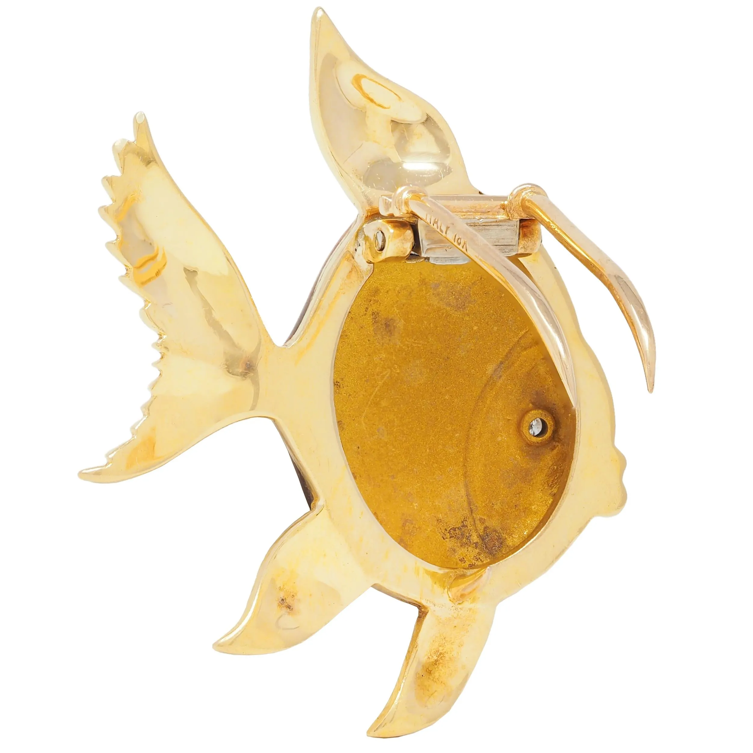 1970's Diamond Guilloche Enamel 18 Karat Yellow Gold Vintage Fish Brooch