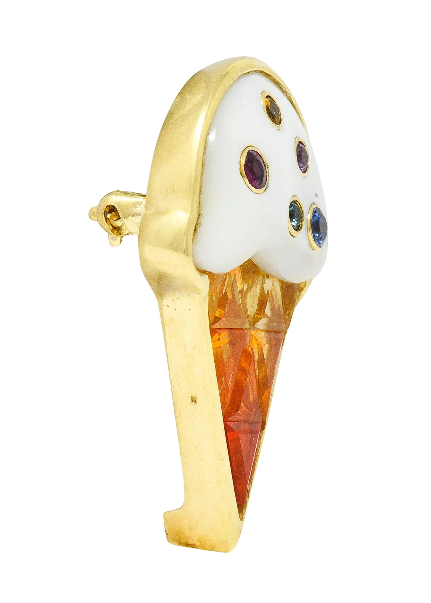 1990's Mother-Of-Pearl Multi-Gem 18 Karat Yellow Gold Ice Cream Cone Vintage Brooch