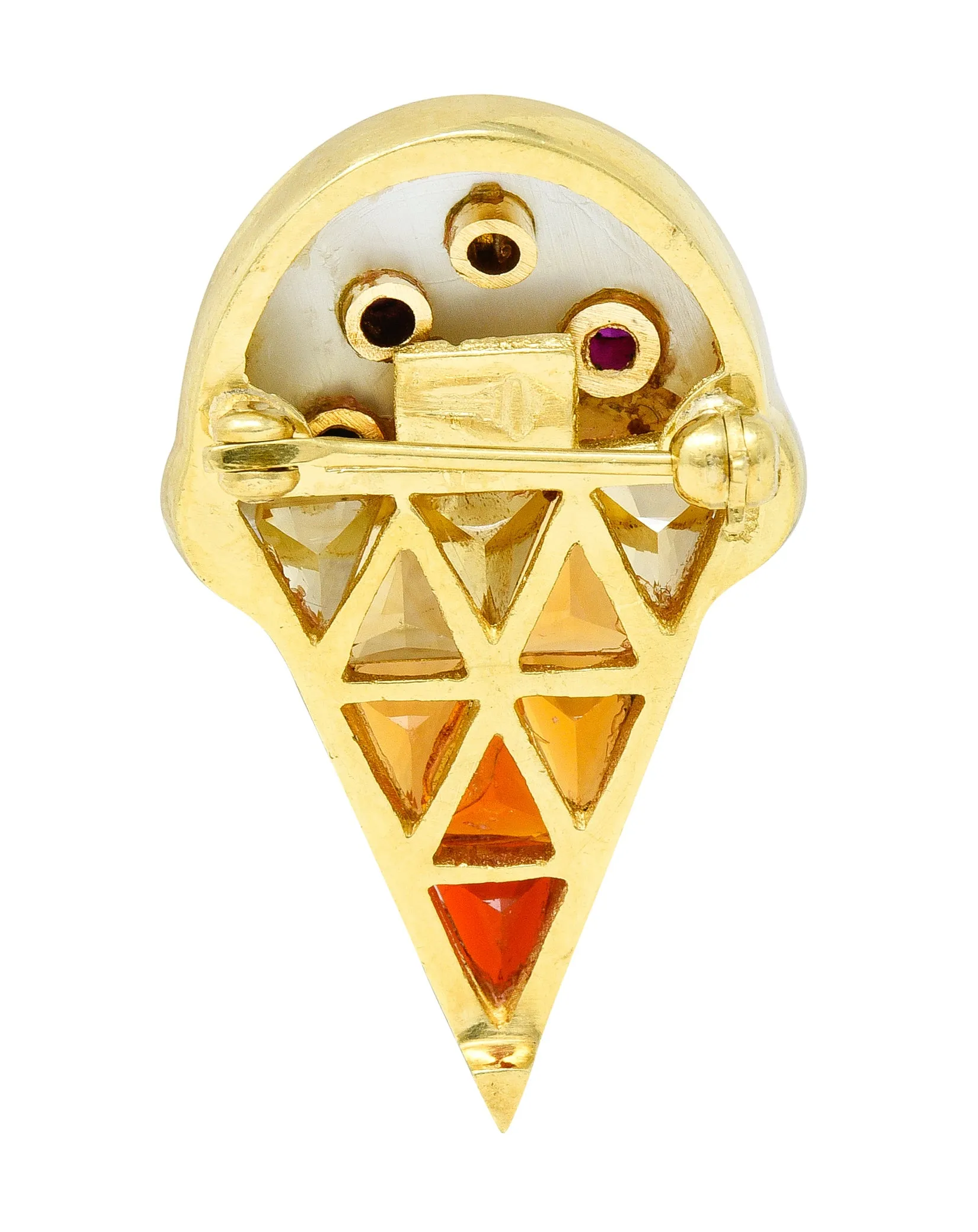 1990's Mother-Of-Pearl Multi-Gem 18 Karat Yellow Gold Ice Cream Cone Vintage Brooch