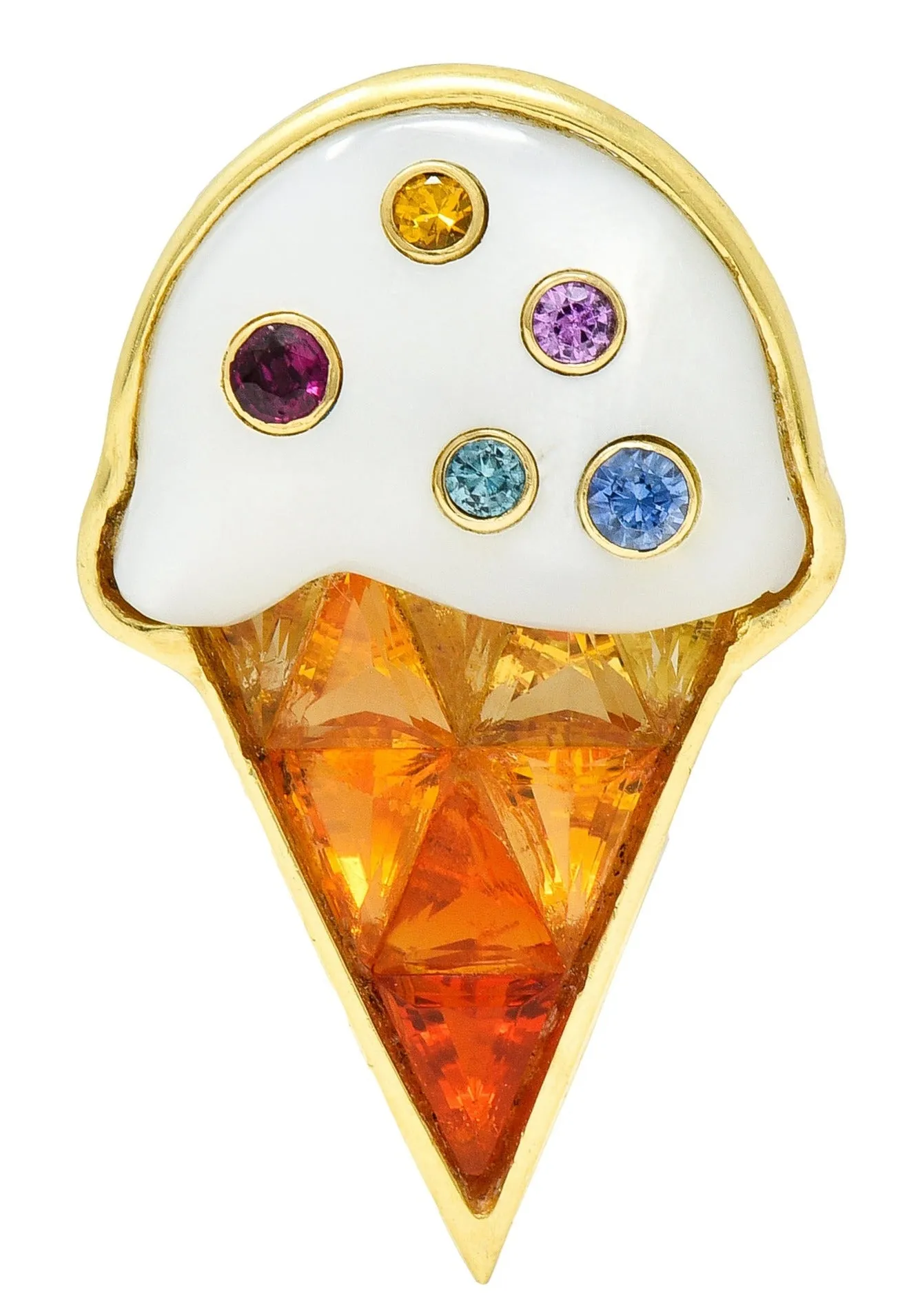 1990's Mother-Of-Pearl Multi-Gem 18 Karat Yellow Gold Ice Cream Cone Vintage Brooch