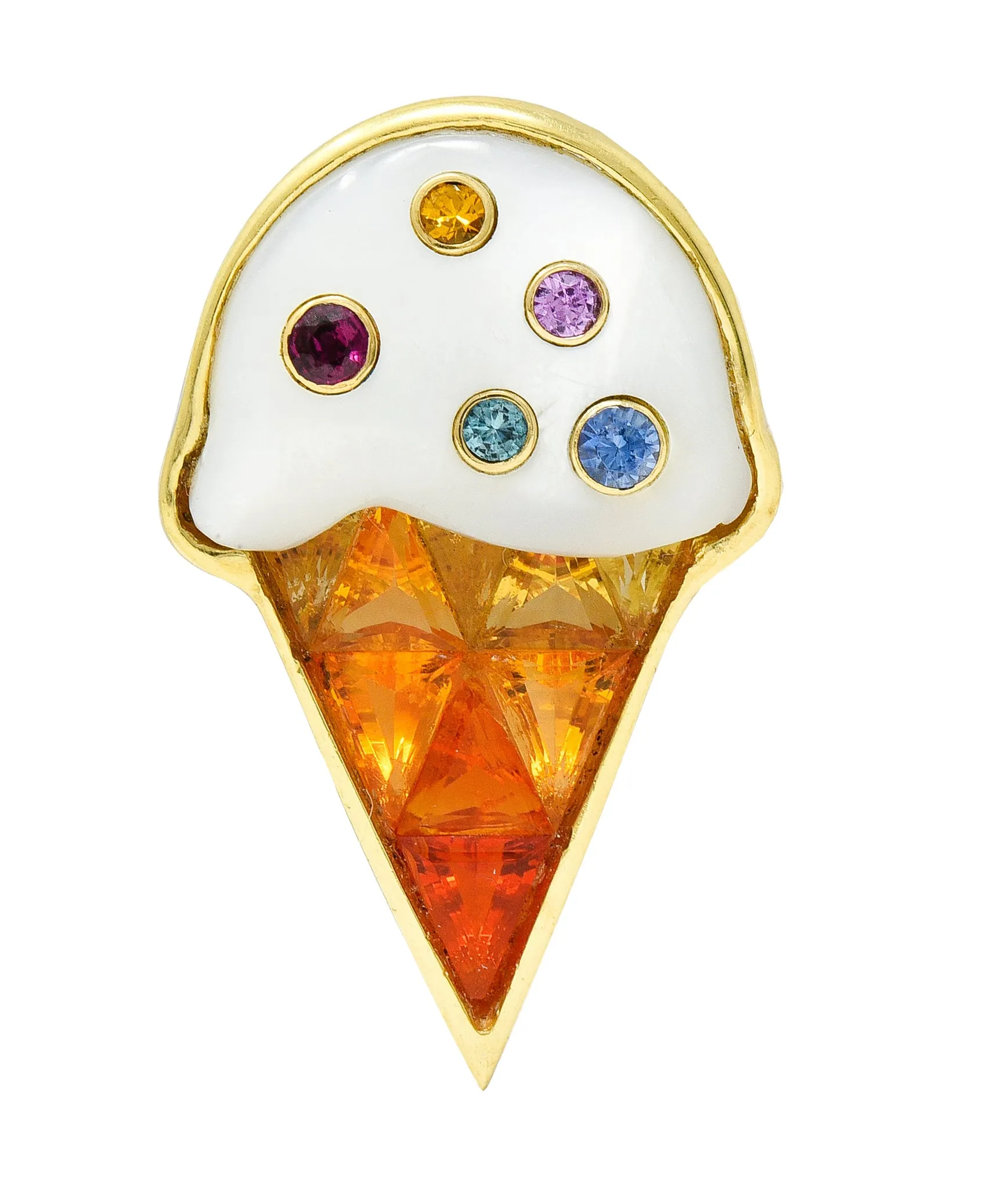 1990's Mother-Of-Pearl Multi-Gem 18 Karat Yellow Gold Ice Cream Cone Vintage Brooch