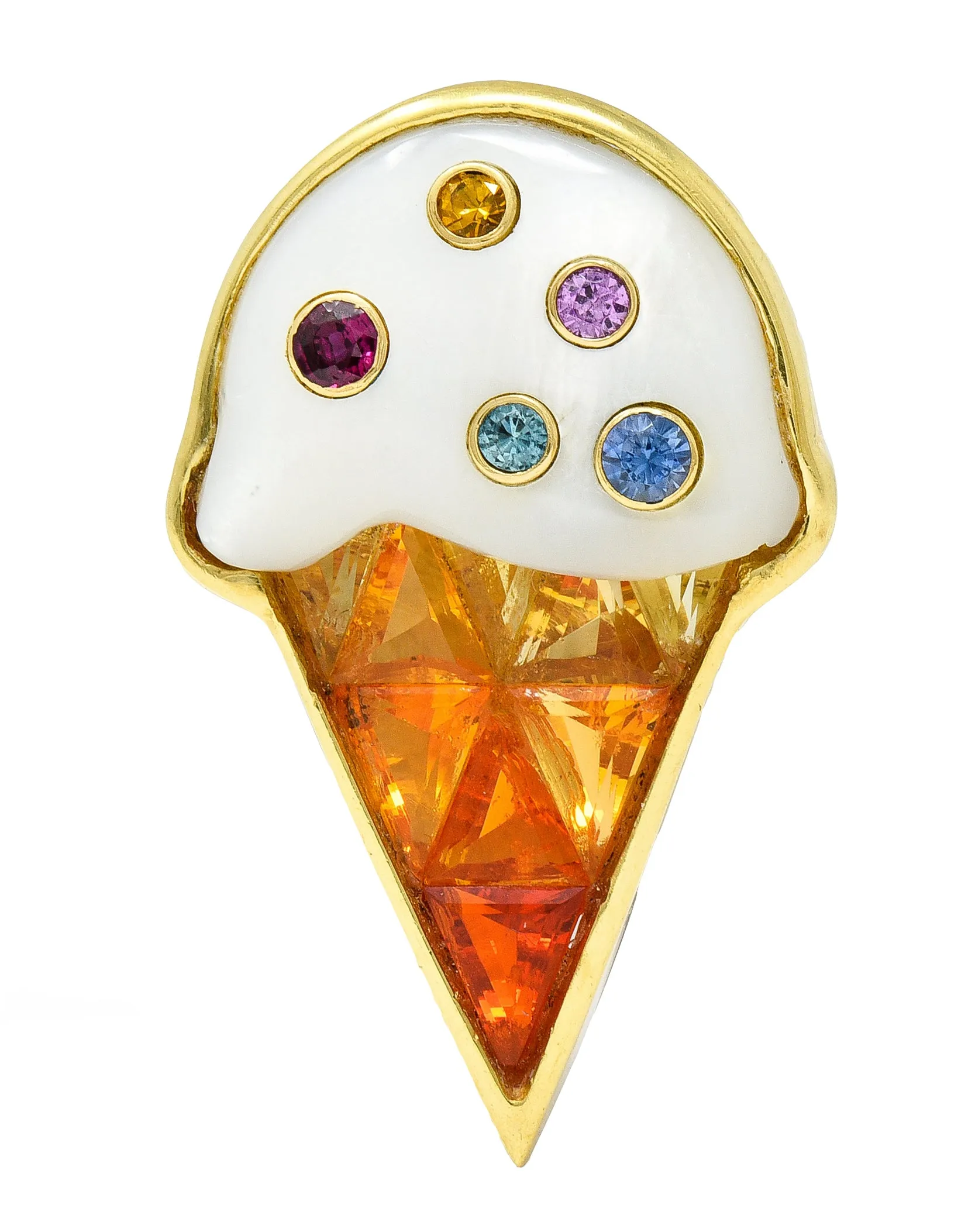 1990's Mother-Of-Pearl Multi-Gem 18 Karat Yellow Gold Ice Cream Cone Vintage Brooch