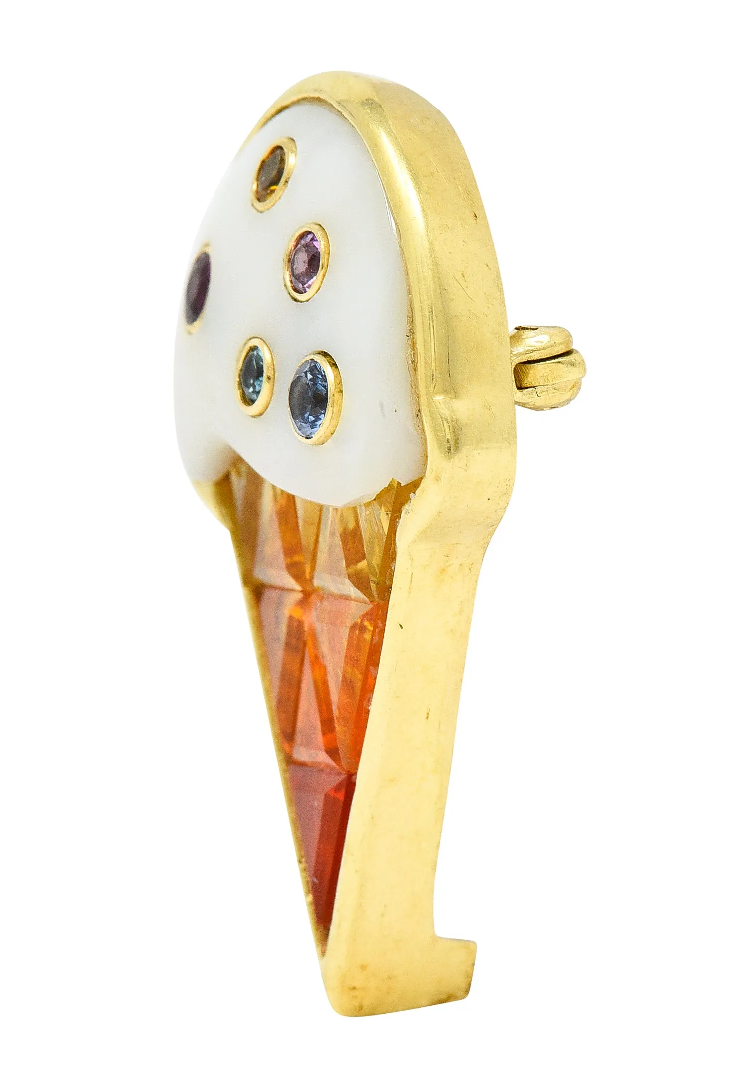 1990's Mother-Of-Pearl Multi-Gem 18 Karat Yellow Gold Ice Cream Cone Vintage Brooch