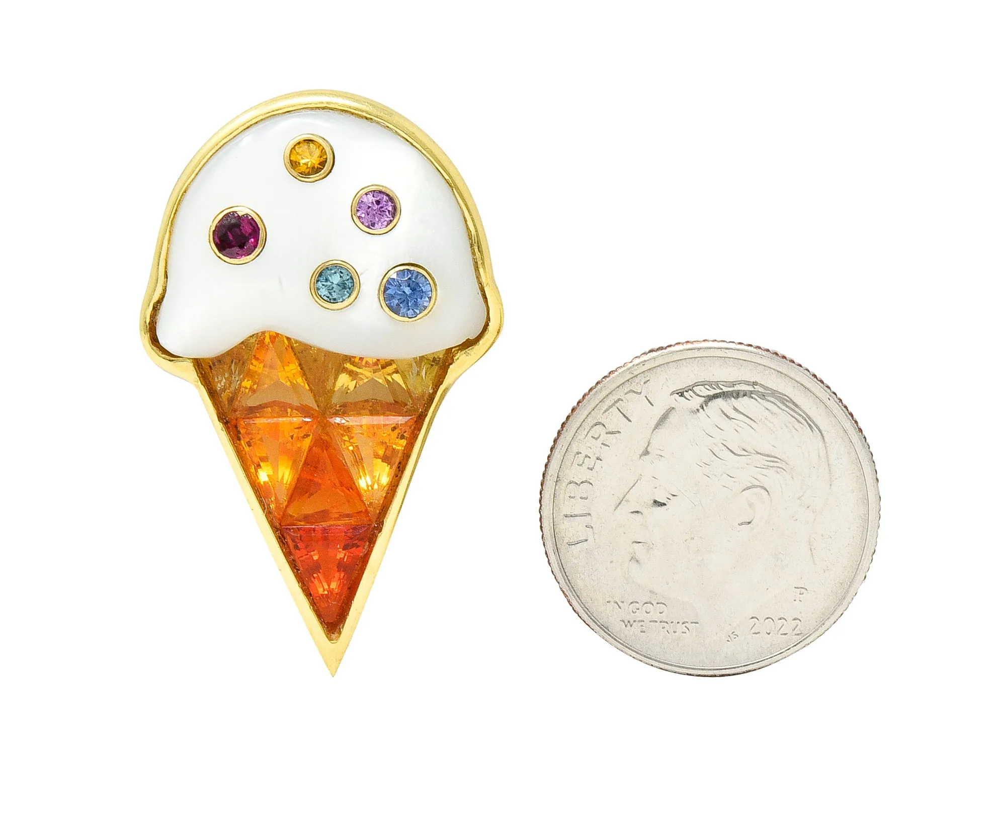 1990's Mother-Of-Pearl Multi-Gem 18 Karat Yellow Gold Ice Cream Cone Vintage Brooch