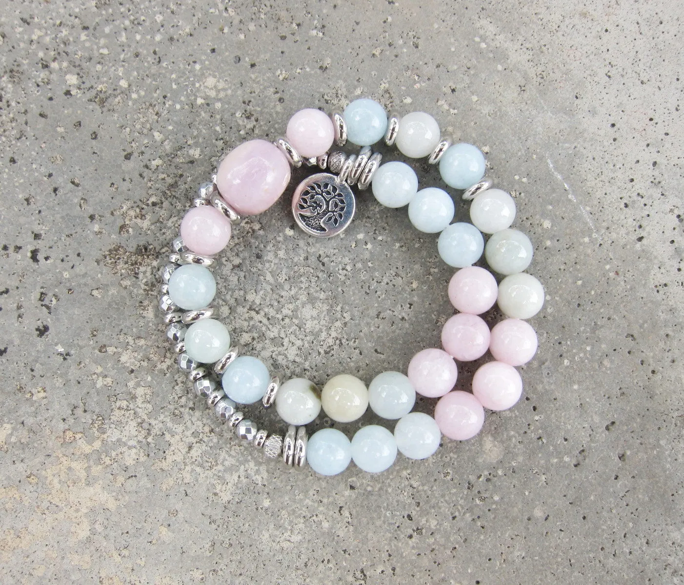 27 Bead Mala in Morganite, Aquamarine and Kunzite