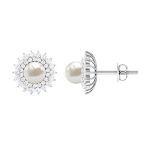 6.25 CT Freshwater Pearl Floral Statement Earrings with Diamond Double Halo