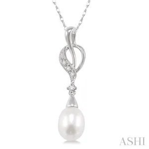 9x7MM Briolette Cut Cultured Pearl and 1/20 Ctw Round Cut Diamond Drop Pendant in 10K White Gold with Chain