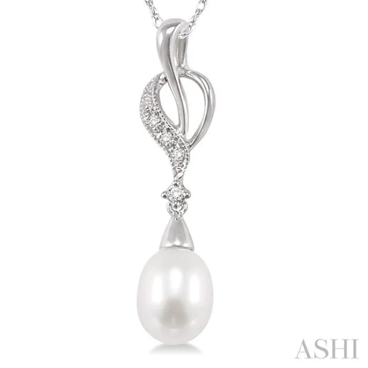 9x7MM Briolette Cut Cultured Pearl and 1/20 Ctw Round Cut Diamond Drop Pendant in 10K White Gold with Chain