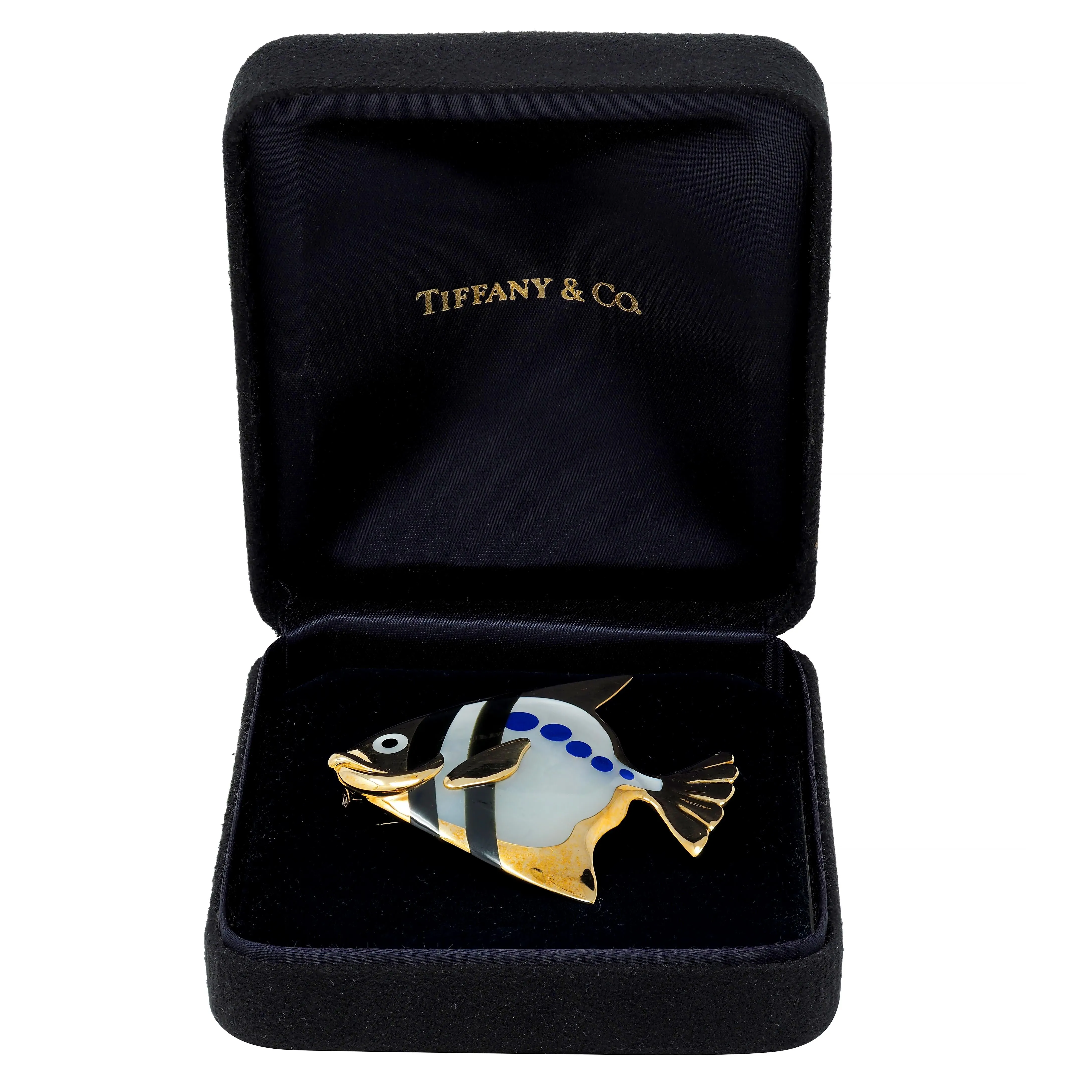 Angela Cummings Tiffany & Co. 1970's Lapis Lazuli Mother-Of-Pearl Onyx 18 Karat Gold Vintage Angel Fish Brooch