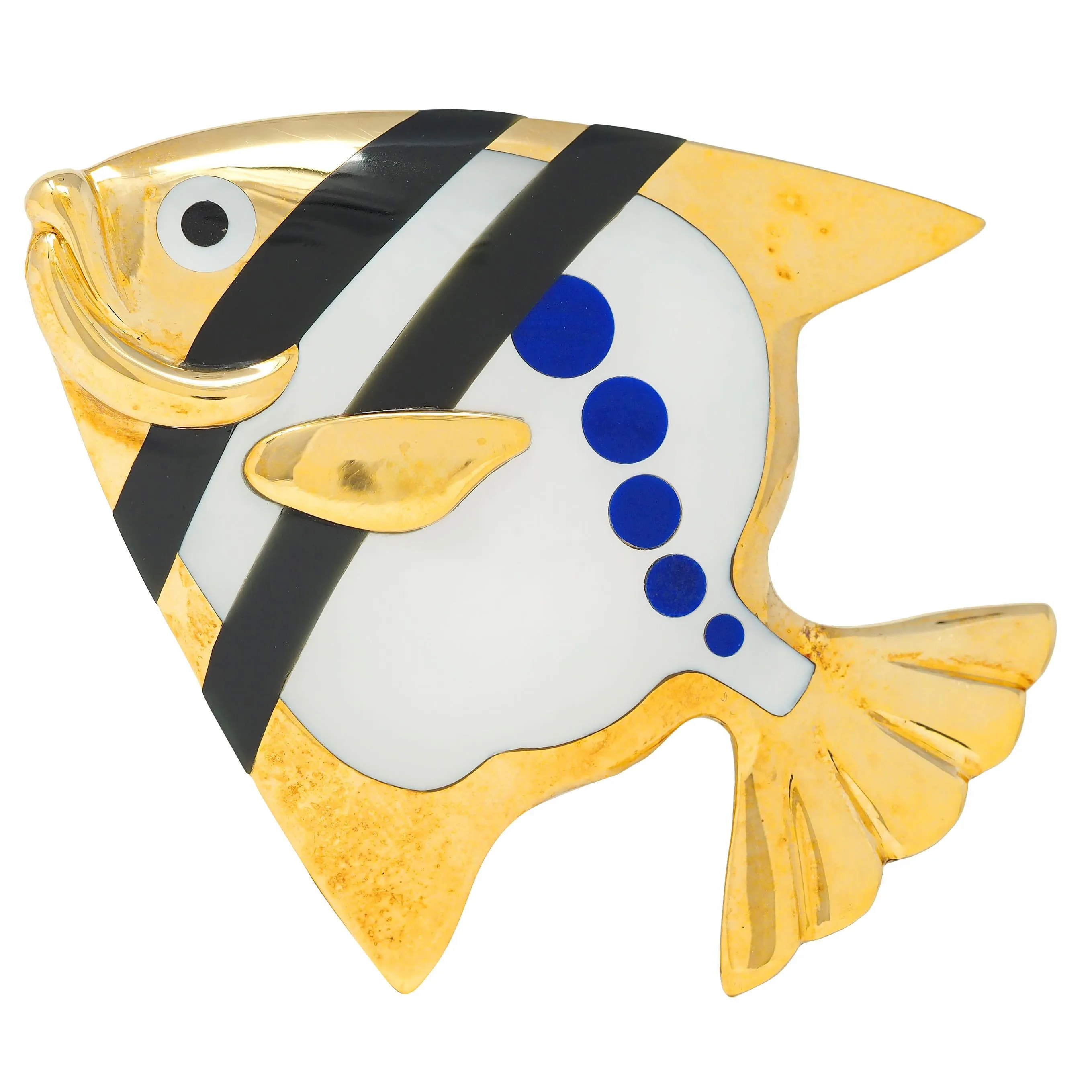 Angela Cummings Tiffany & Co. 1970's Lapis Lazuli Mother-Of-Pearl Onyx 18 Karat Gold Vintage Angel Fish Brooch