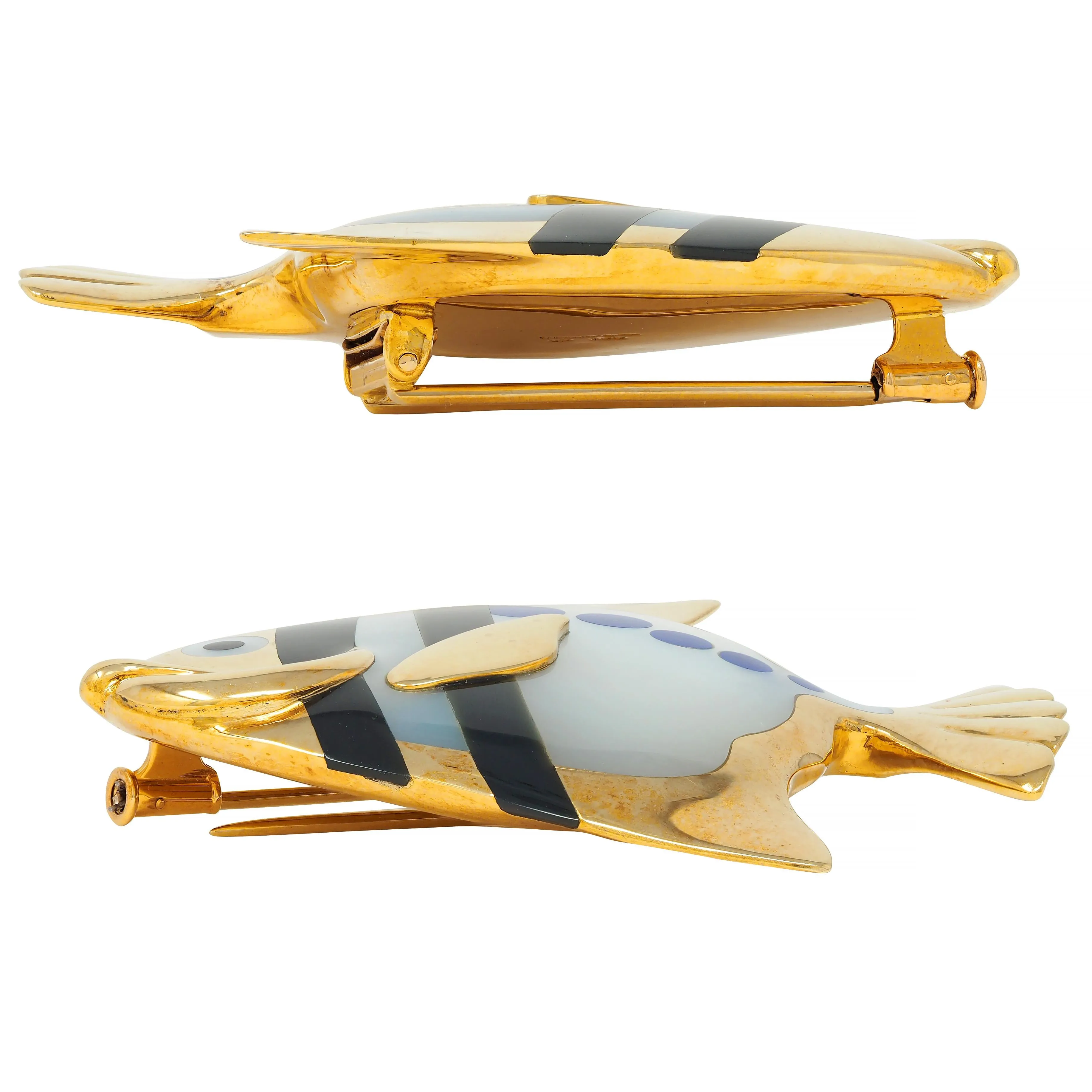 Angela Cummings Tiffany & Co. 1970's Lapis Lazuli Mother-Of-Pearl Onyx 18 Karat Gold Vintage Angel Fish Brooch