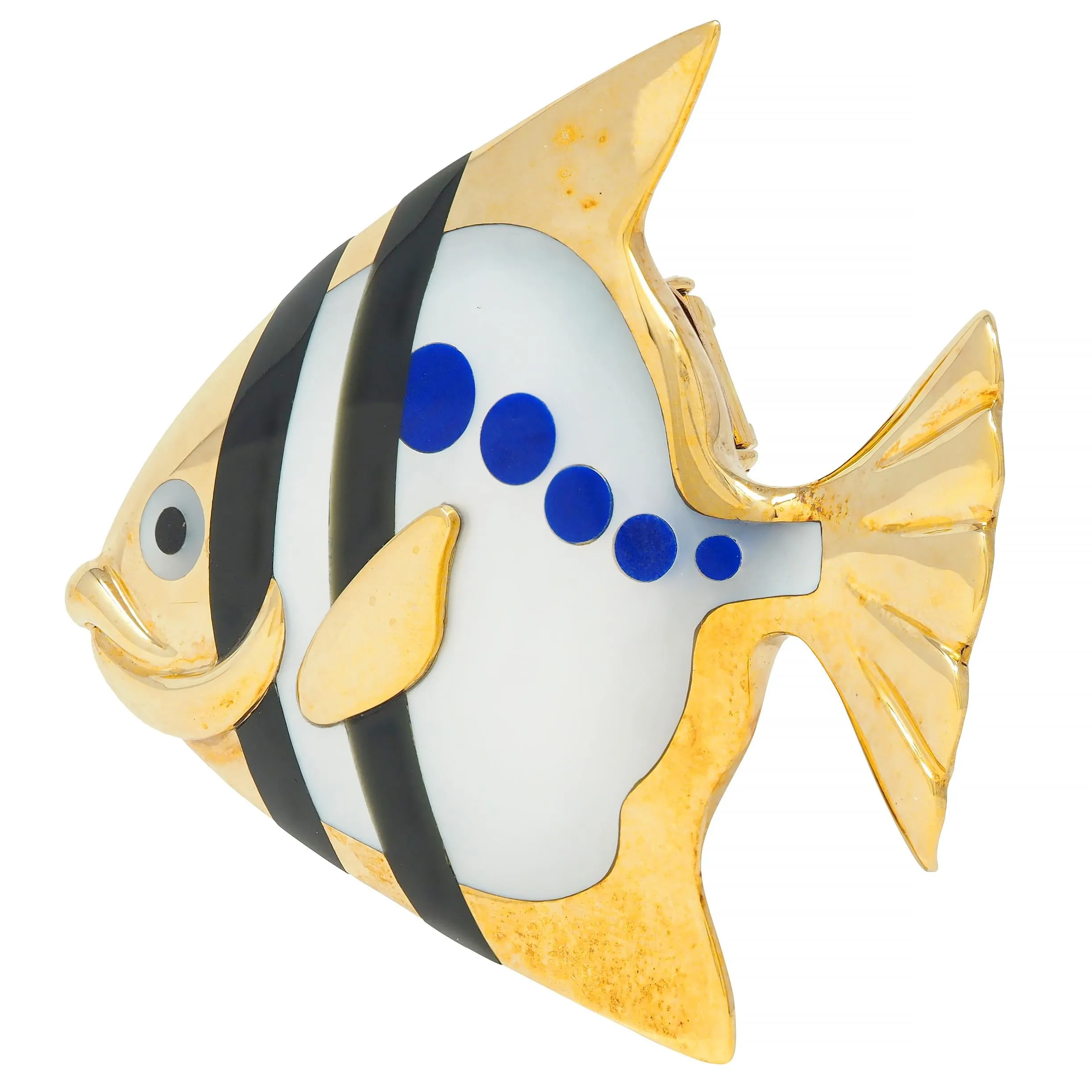 Angela Cummings Tiffany & Co. 1970's Lapis Lazuli Mother-Of-Pearl Onyx 18 Karat Gold Vintage Angel Fish Brooch