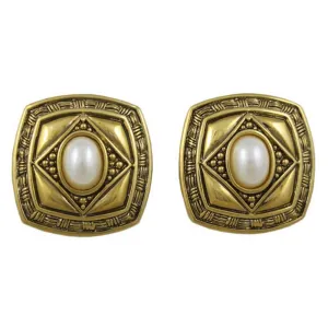 Antique Gold Square with White Oval Pearl Pierced Earring - DPE615