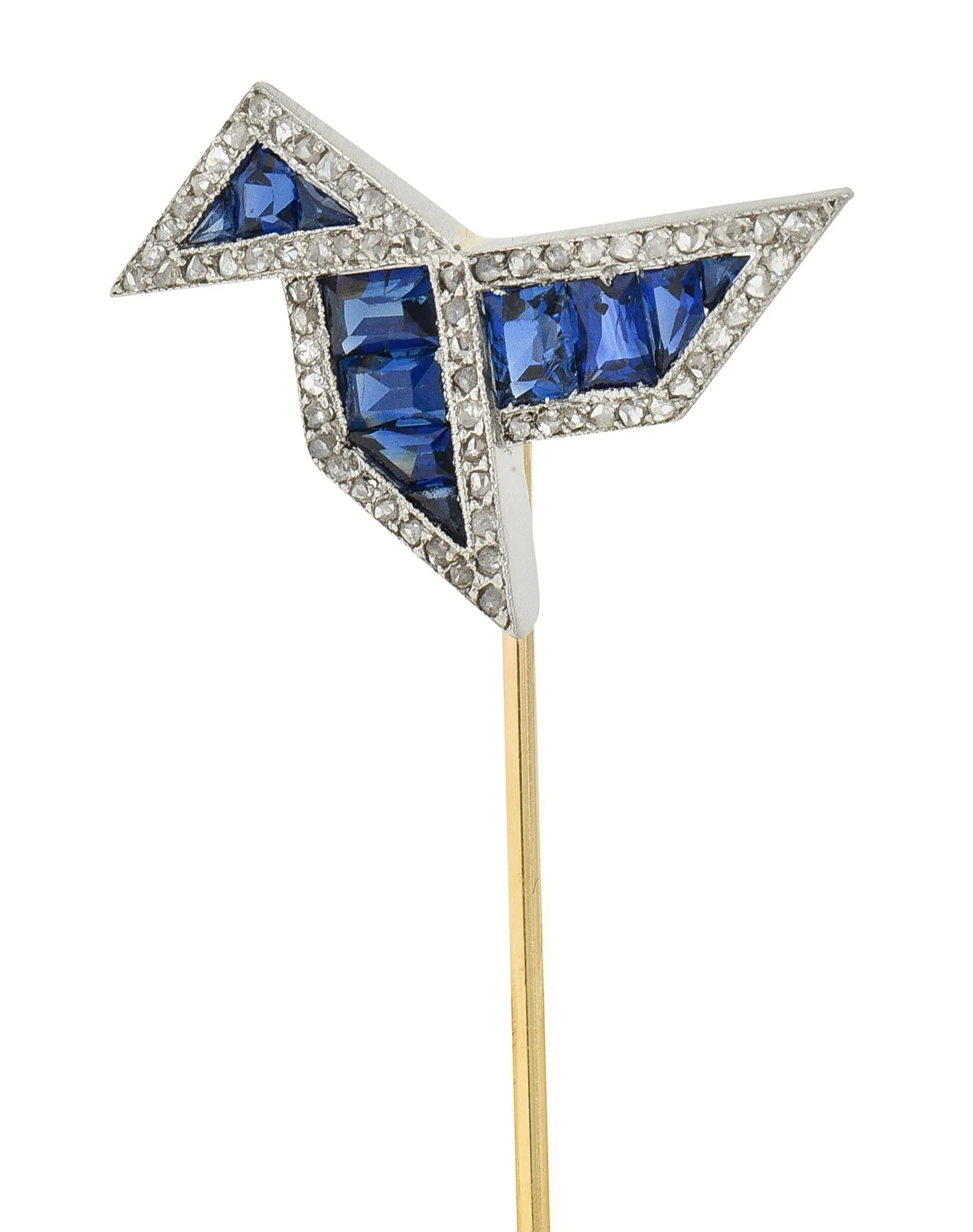 Art Deco 2.34 CTW Sapphire Diamond Platinum 14 Karat Gold Origami Bird Stickpin