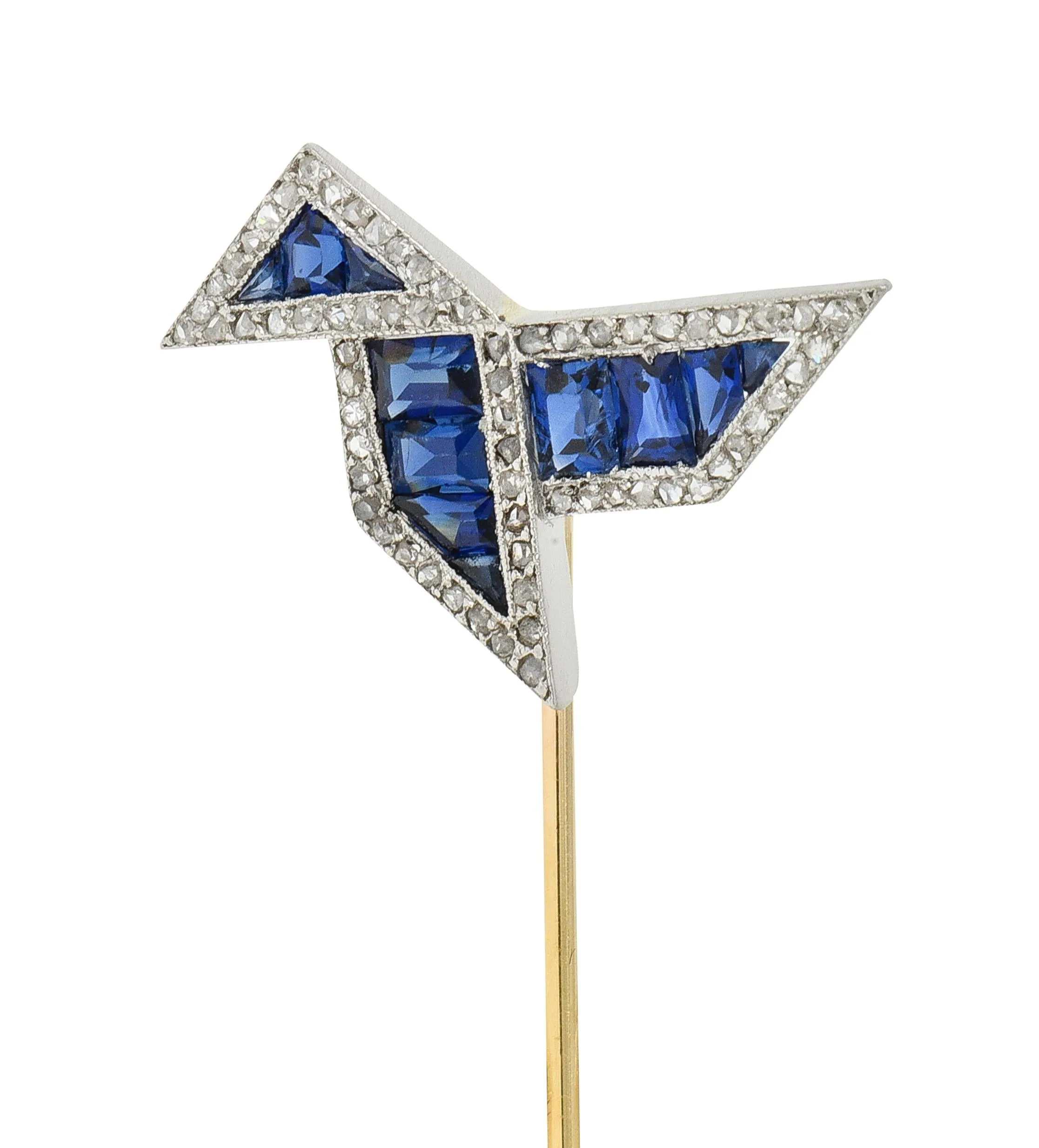 Art Deco 2.34 CTW Sapphire Diamond Platinum 14 Karat Gold Origami Bird Stickpin