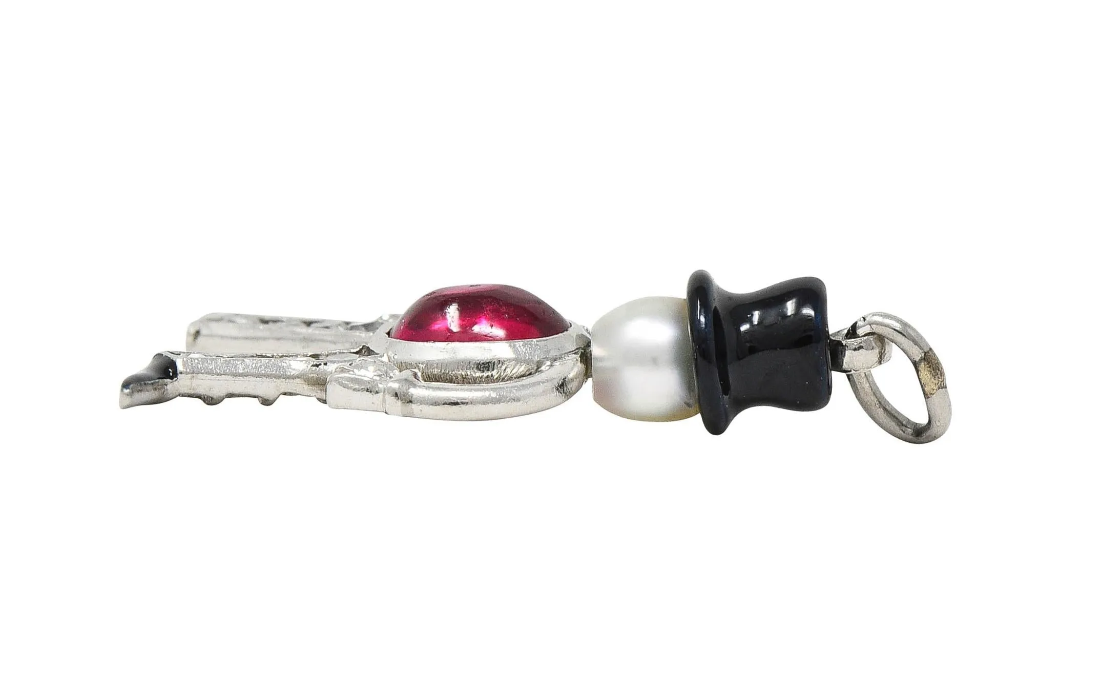 Art Deco Ruby Diamond Pearl Enamel Platinum Vintage Top Hat Man Charm