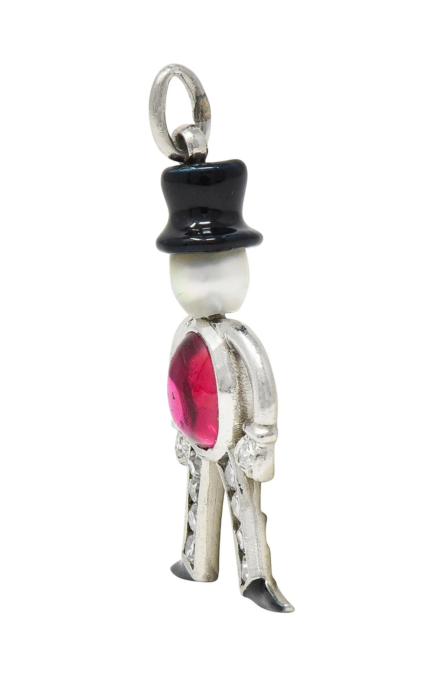 Art Deco Ruby Diamond Pearl Enamel Platinum Vintage Top Hat Man Charm