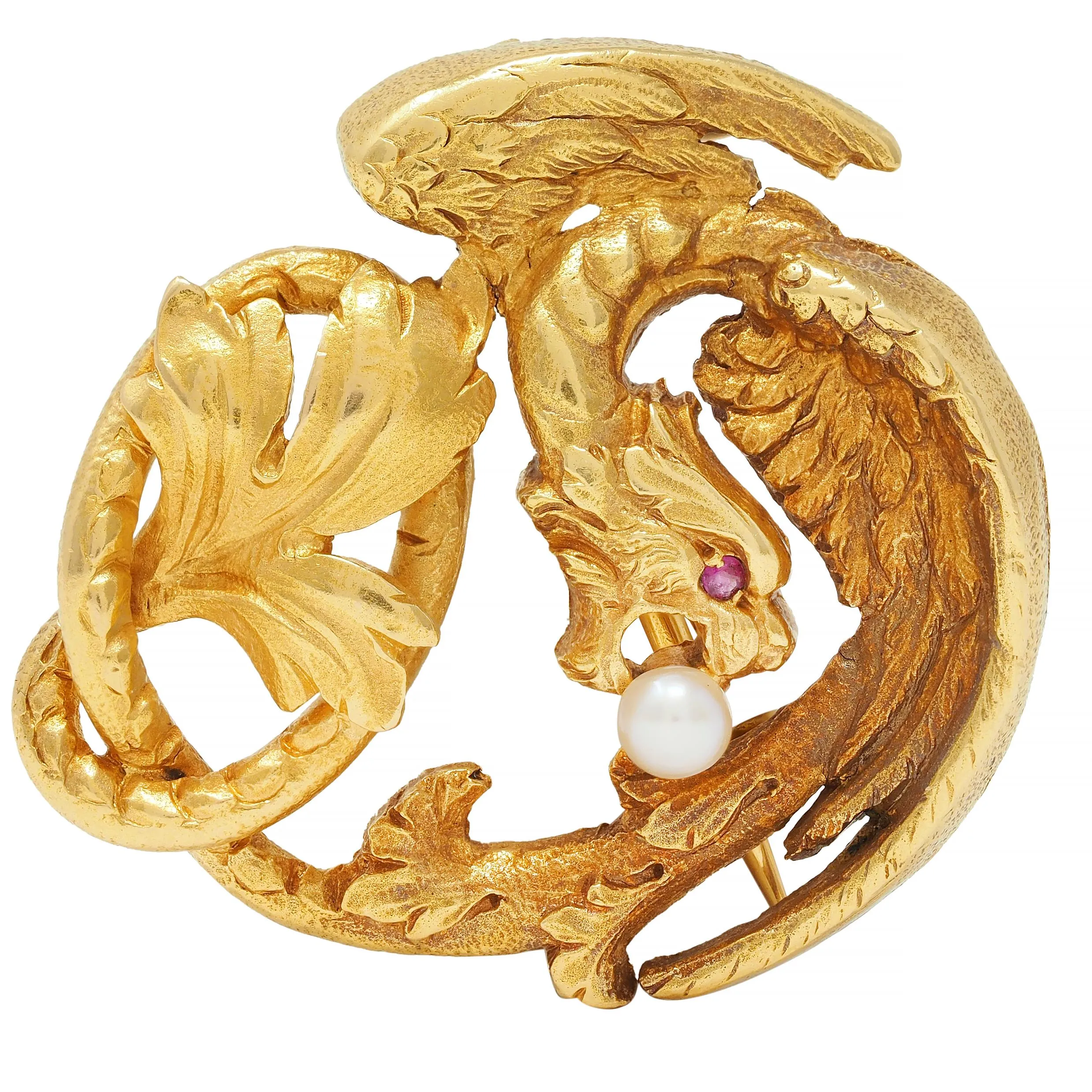 Art Nouveau French Ruby Pearl 18 Karat Yellow Gold Griffin Antique Circle Pendant Brooch