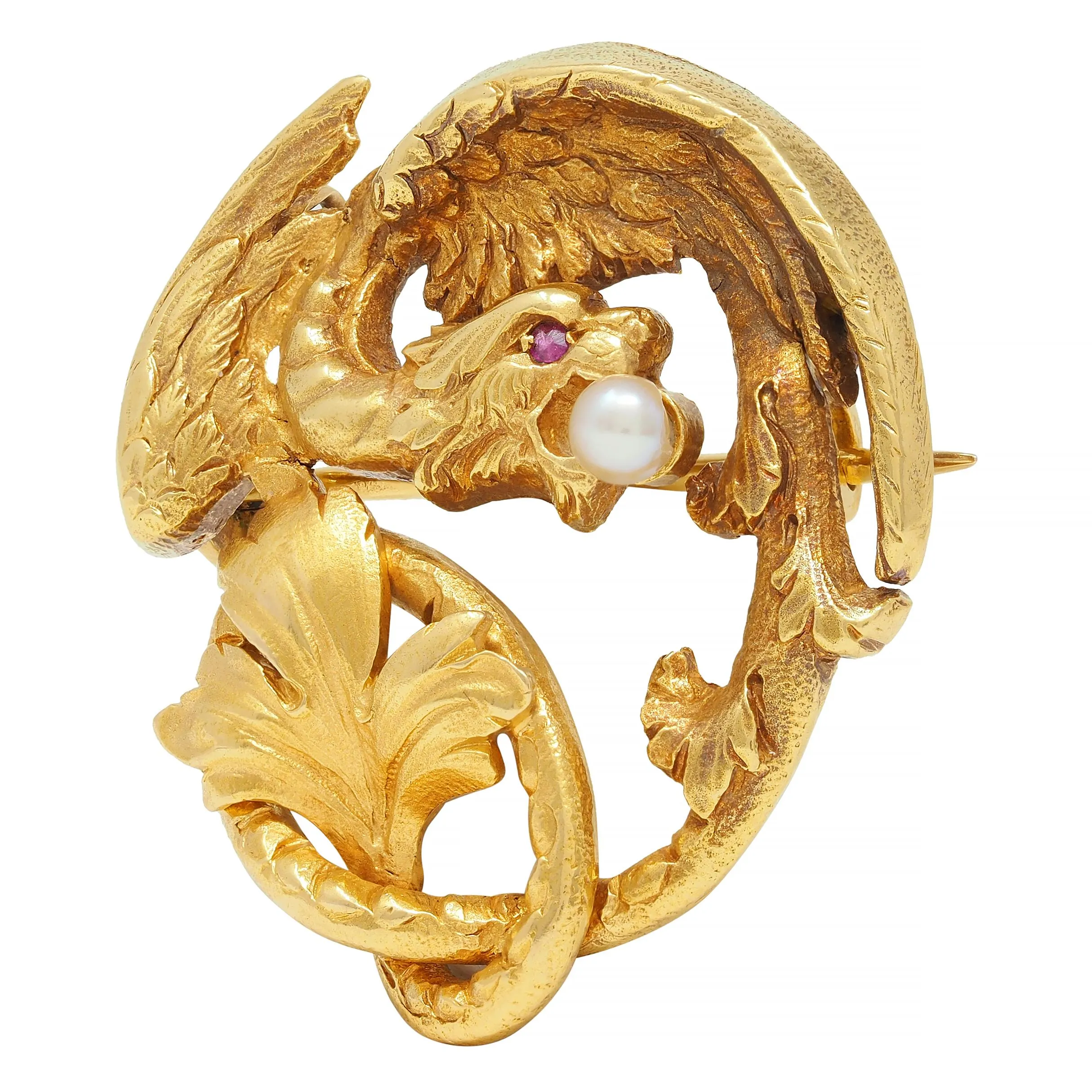 Art Nouveau French Ruby Pearl 18 Karat Yellow Gold Griffin Antique Circle Pendant Brooch