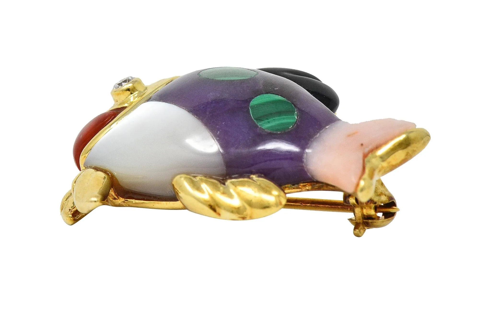 Asch Grossbardt Diamond Amethyst Mother-Of-Pearl 18 Karat Gold Inlay Fish Brooch