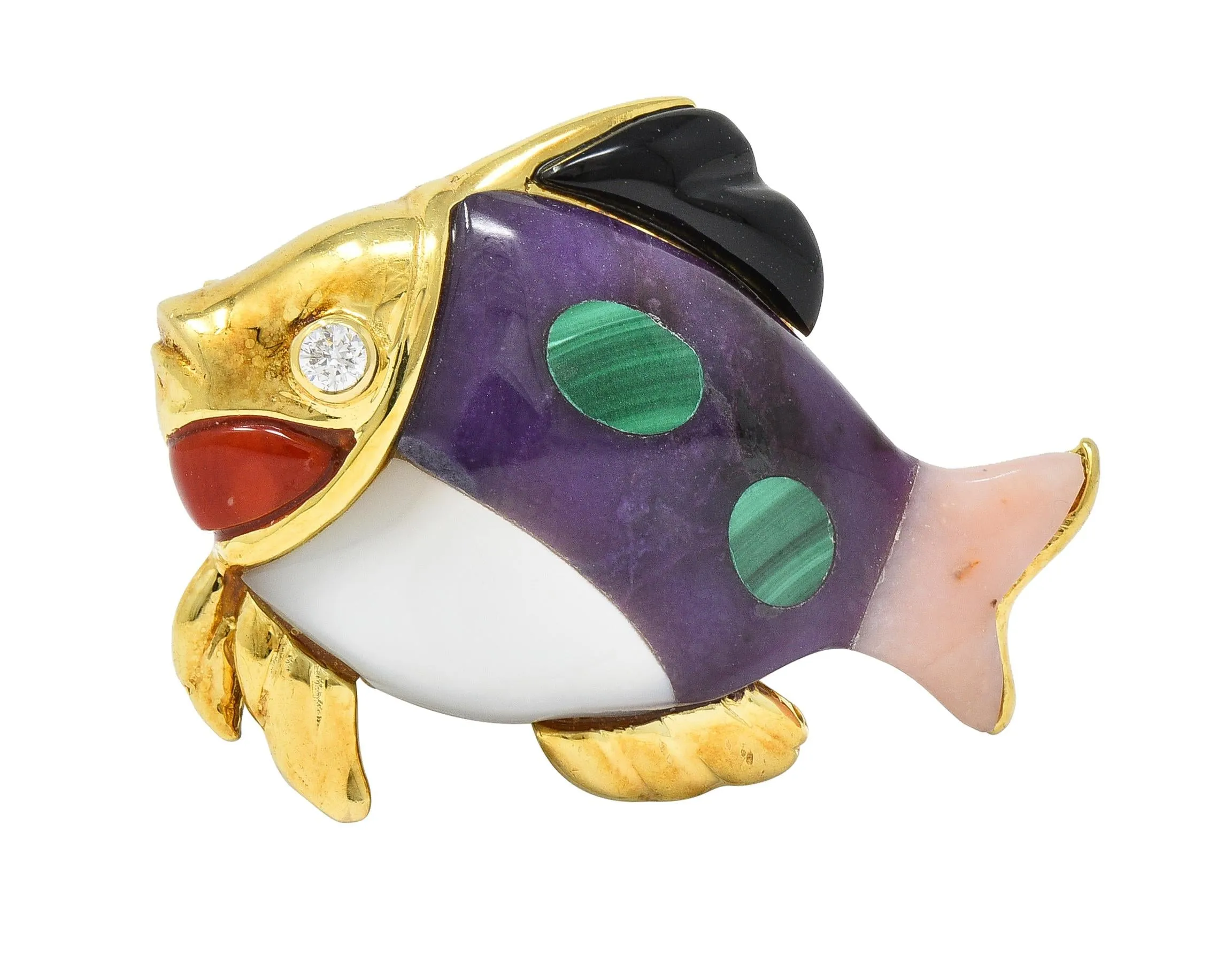 Asch Grossbardt Diamond Amethyst Mother-Of-Pearl 18 Karat Gold Inlay Fish Brooch