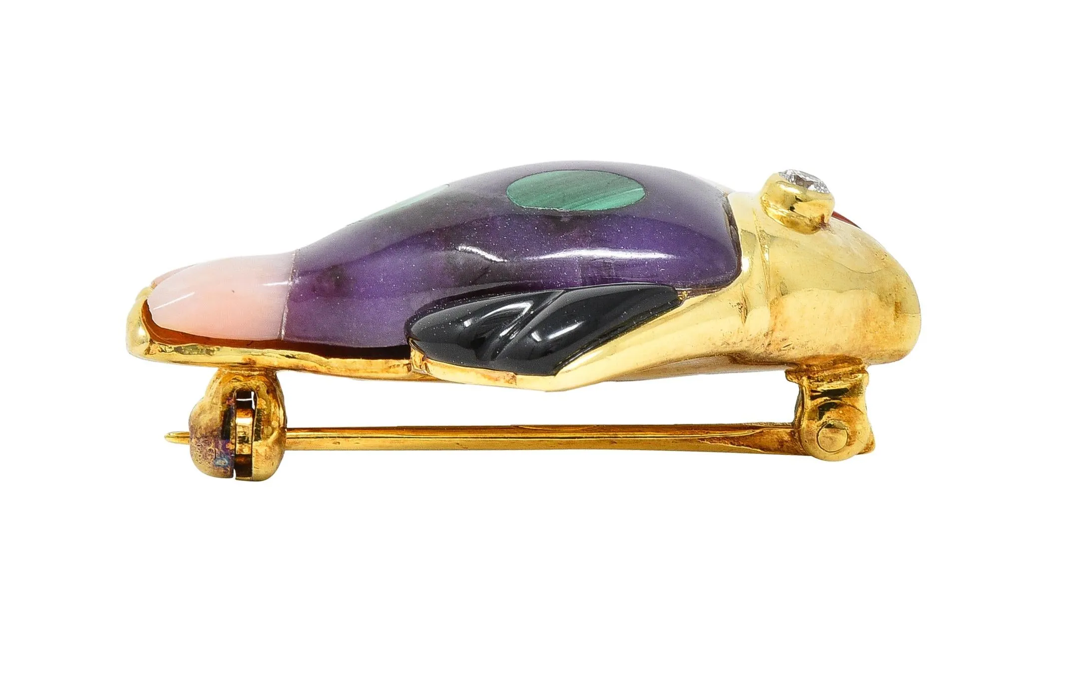 Asch Grossbardt Diamond Amethyst Mother-Of-Pearl 18 Karat Gold Inlay Fish Brooch