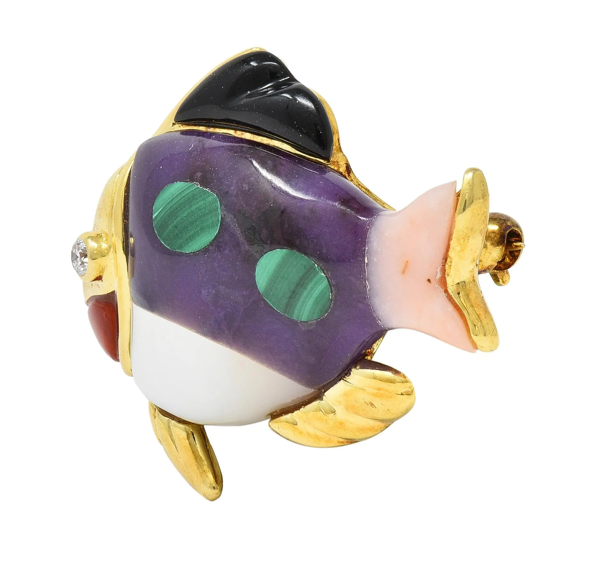 Asch Grossbardt Diamond Amethyst Mother-Of-Pearl 18 Karat Gold Inlay Fish Brooch