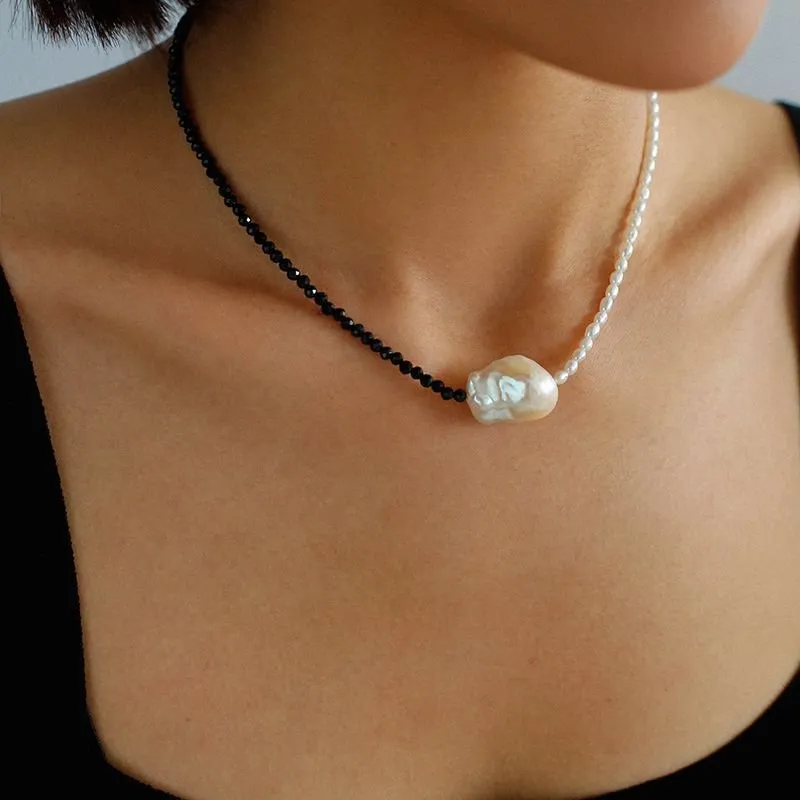 Baroque Pearl Stitching Black Spinel Freshwater Pearl Necklace