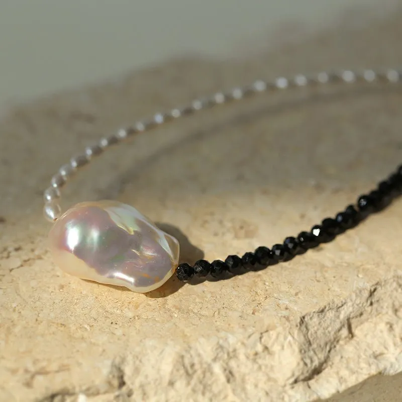 Baroque Pearl Stitching Black Spinel Freshwater Pearl Necklace