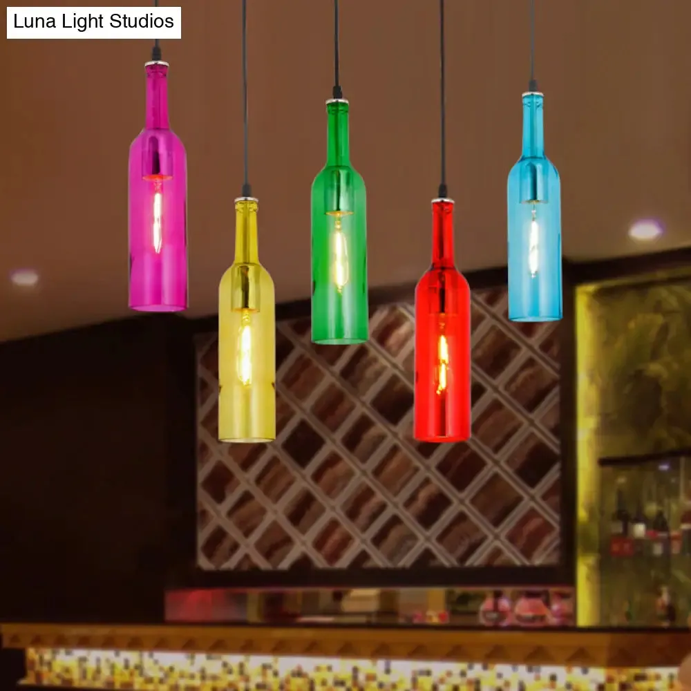 Beer Bottles Ceiling Lamp: Colorful Art Decor 5 Bulbs Suspension Light Fixture - Red Glass